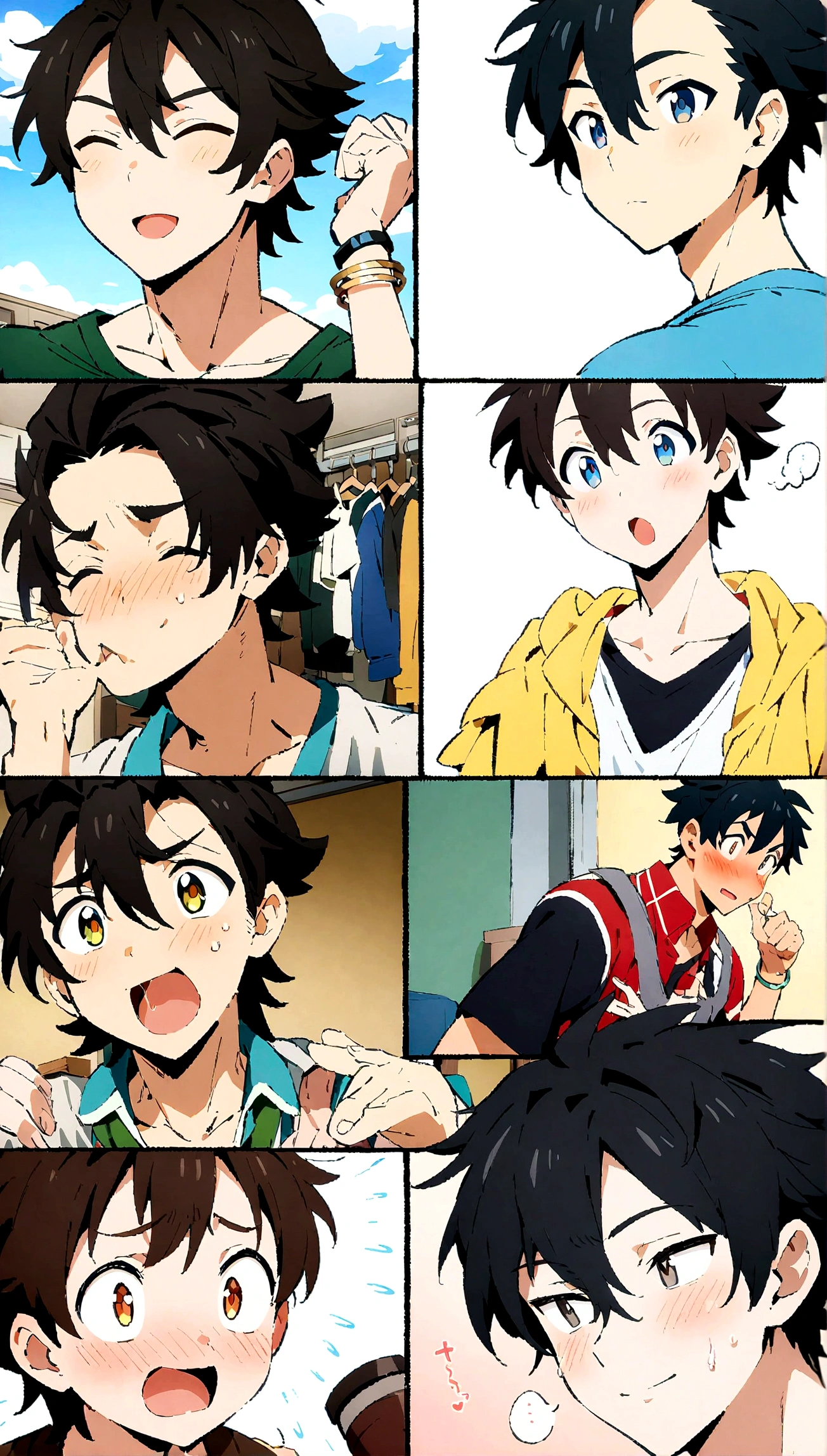 boys,,,,,,boys,,,,,,male protagonist,,Bright Eyes,blush,,Black Hair,Refreshing guy,,bright personality,Men's Focus,A rich expression,bracelet,Casual clothes,,Athletic Department Boys' Dormitory,I became gay after being brainwashed in the dorm.,,Brainwashed into falling in love with a boy,,,Saliva,Anime character lookalike,creation,high resolution,4k,8k,quasi-masterpiece,highest quality,Anime Style,,Makoto Shinkai Style,,Cel animation art,,,,,