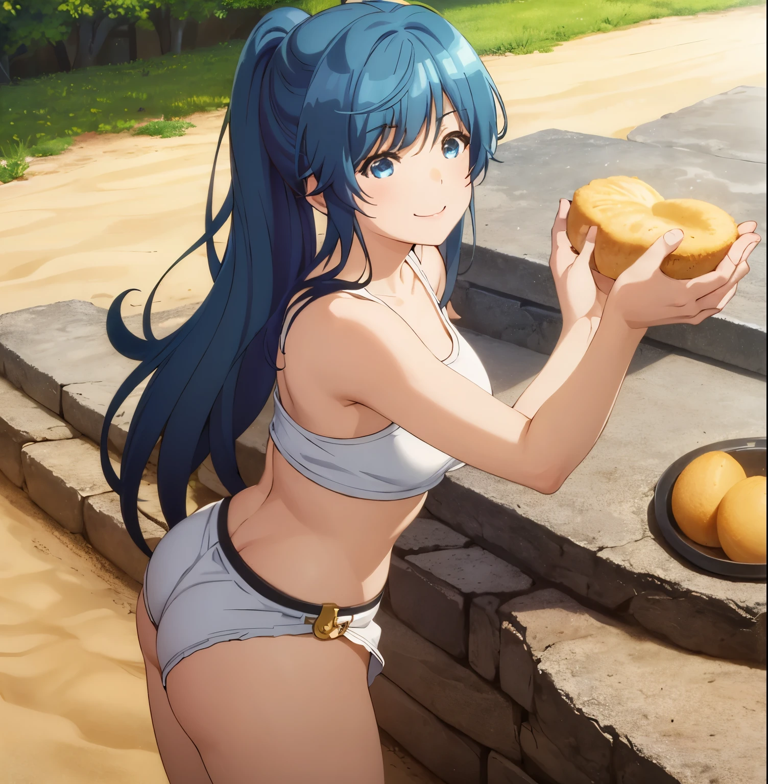 1girl,alone,minami,nanami,best quality,(masterpiece:1.2),detailed,smile,closed mouth,blue hair,blue eyes,long hair,ponytail,black sports top,crop top,off shoulders,cleavage, bare back, black sports shorts, short shorts, bare legs, white shoes, big breasts, medium waist, wide hips, medium thighs, round butt, park, leafy, sunny, clouds, good lighting, standing in the sand, seductive, smiling, mouth closed, looking at viewer, head on, focus on breasts, pov (from below), good lighting, perfect anatomy, perfect hands,
