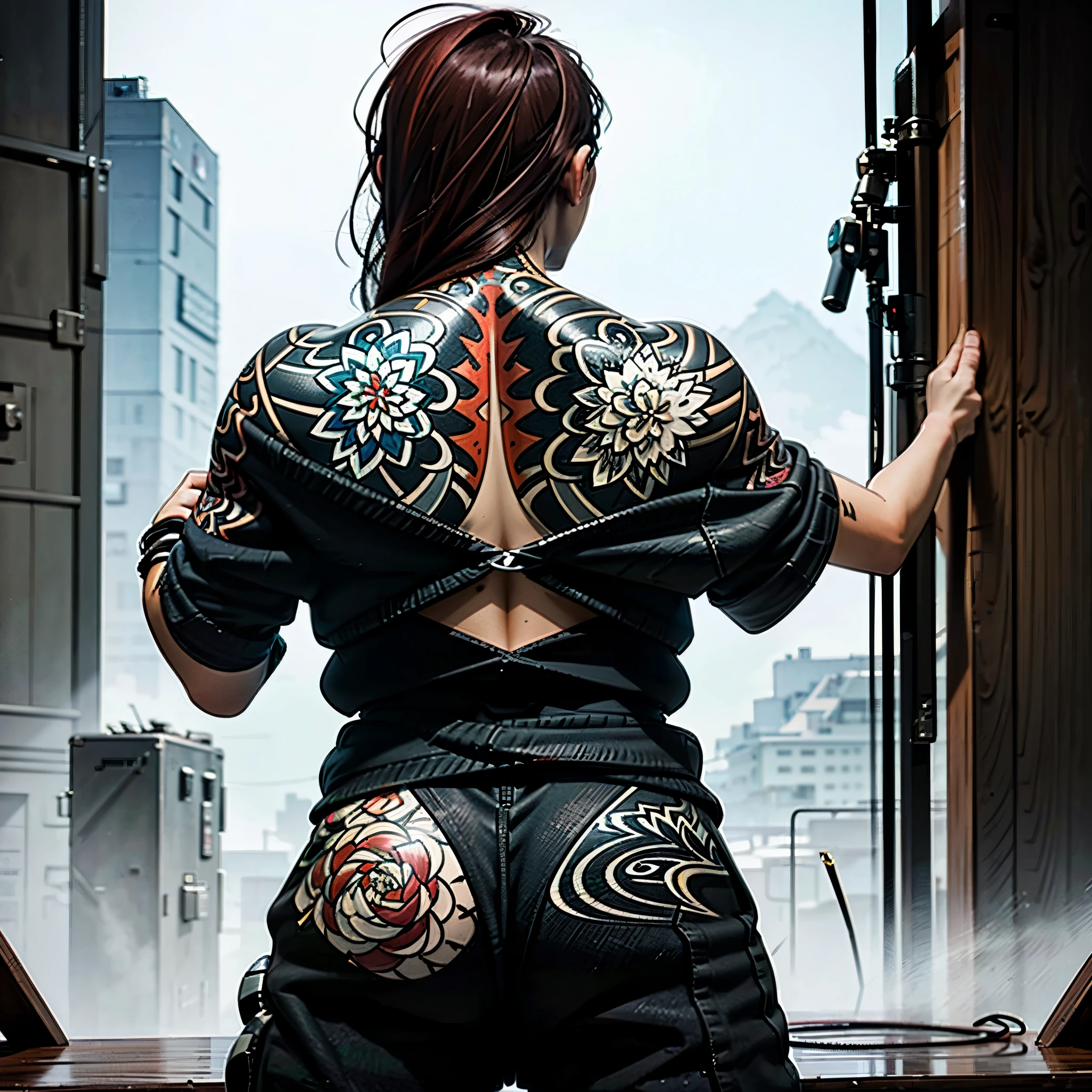 Elaborate(Back Tattoo:1.6)を入れた美しくElaborate日本人女性、A unique design with the Yatagarasu motif、Unique color tones、Elaborate顔の特徴、Dramatic lighting、Very sophisticated、Cinematic、Ultra-realistic、8k、masterpiece、Award-winning、Dramatic chiaroscuro lighting、Bright colors、Moody atmosphere、Photorealistic、CONCEPT_irezumi_YakuzaTattoo_ownwaifu