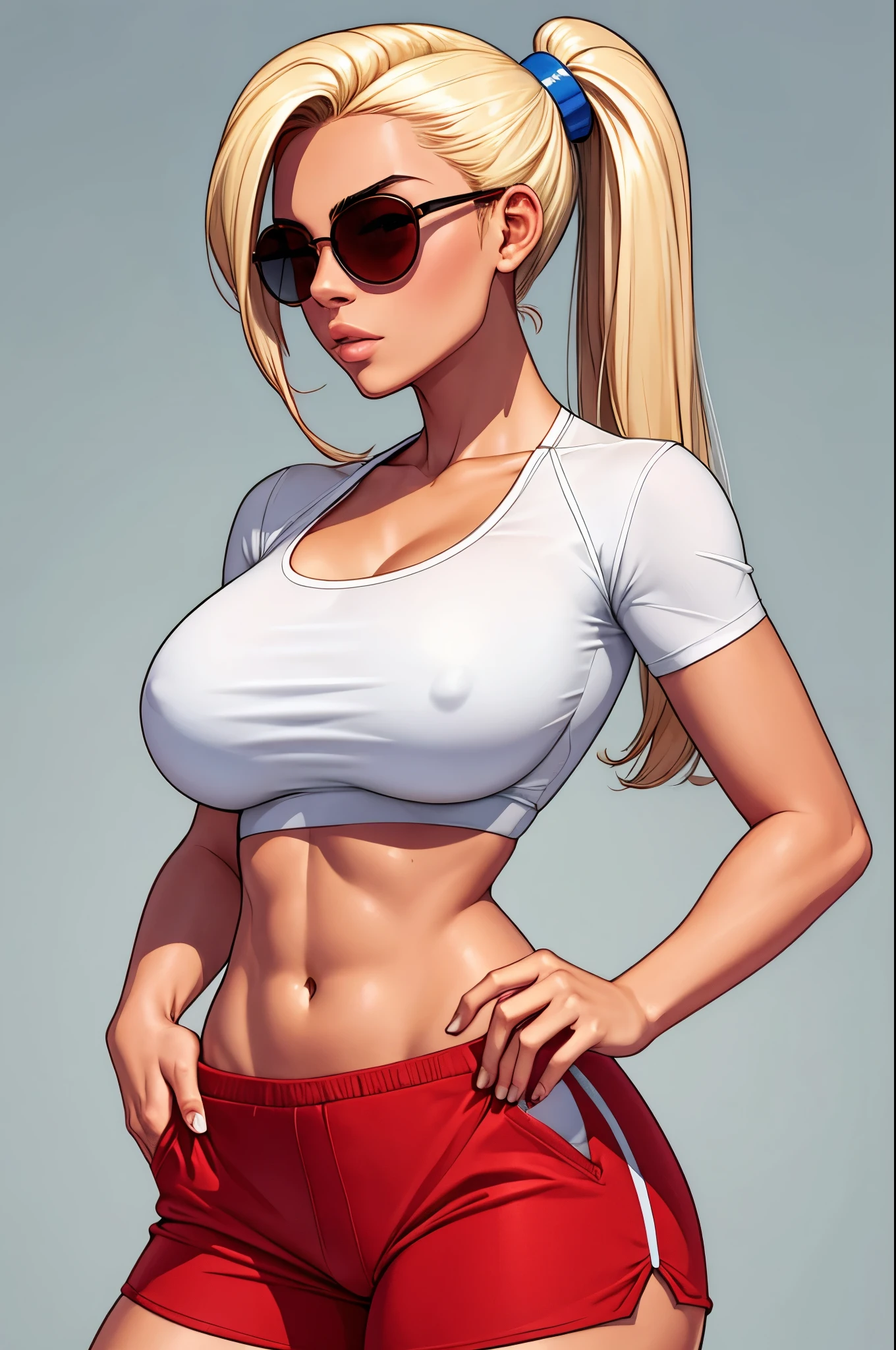 gorgeous woman, white crop top, tan shorts, athletic, pony tail, round red sunglasses, round glasses