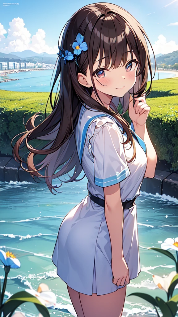 highest quality, masterpiece, Ultra-high resolution, 8k,,Spring Sky,((Spring Outfits)),Show anime style , One, Soft Line Art, Digital Enhancement, shojo anime touch, shojo manga core, Flowing fabric, close, Soft Drawing, Ultra-Definition Digital Anime Art, Clear facial depiction, Super detailed girl cartoon character art, Ultra-detailed manga style, highest qualityの色,
(Short brown hair), Wet Hair,Staring at us from the front,Beautiful brown hair, Clear brown eyes, Slightly chubby,Small breasts,The butt is small,(((Teasing Smile))),Hands,(((I am impressed by the nemophila flowers at Hitachi Seaside Park.))),I can see the sky and the sea,Angle that allows you to see all the way to your feet