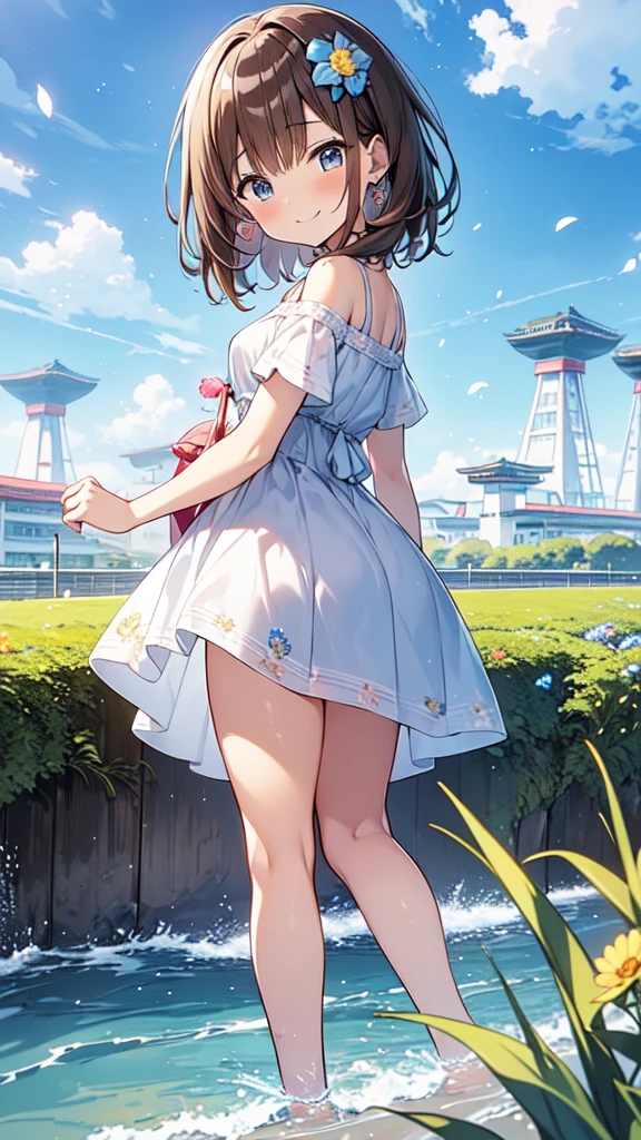 highest quality, masterpiece, Ultra-high resolution, 8k,,Spring Sky,((Spring Outfits)),Show anime style , One, Soft Line Art, Digital Enhancement, shojo anime touch, shojo manga core, Flowing fabric, close, Soft Drawing, Ultra-Definition Digital Anime Art, Clear facial depiction, Super detailed girl cartoon character art, Ultra-detailed manga style, highest qualityの色,
(Short brown hair), Wet Hair,Staring at us from the front,Beautiful brown hair, Clear brown eyes, Slightly chubby,Small breasts,The butt is small,(((Teasing Smile))),Hands,(((I am impressed by the nemophila flowers at Hitachi Seaside Park.))),I can see the sky and the sea,Angle that allows you to see all the way to your feet