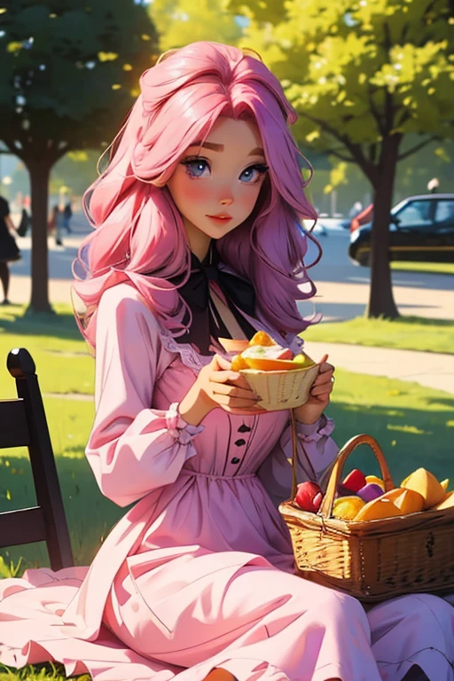A pink haired woman with violet eyes with an hourglass figure in a cute ta dress is eating a picnic at the park