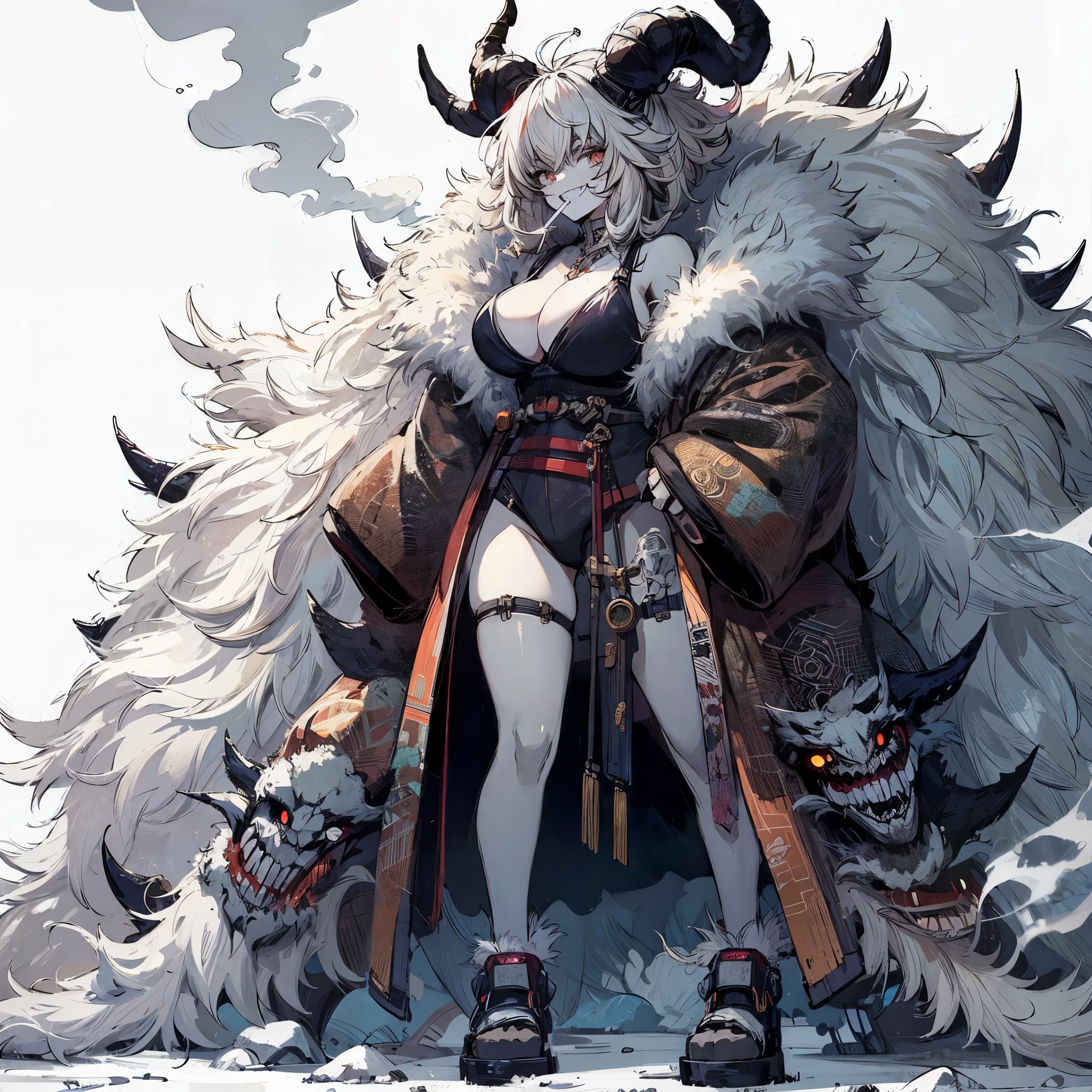 
(Masterpiece, Top Quality), (Fine Hair), Ultra-Detailed, Anime Style, Solo, Full Length, Concept Art, cute cyberpunk beasty lady, massive, SMILING-JAGGED-TEETH, WHITE SHAGGY HAIR. red eyes, wearing fur coat and cyber- KIMONO. smokes. cyber horned, wearing iron clogs, White background, standing full length, standing on wasted earth,
