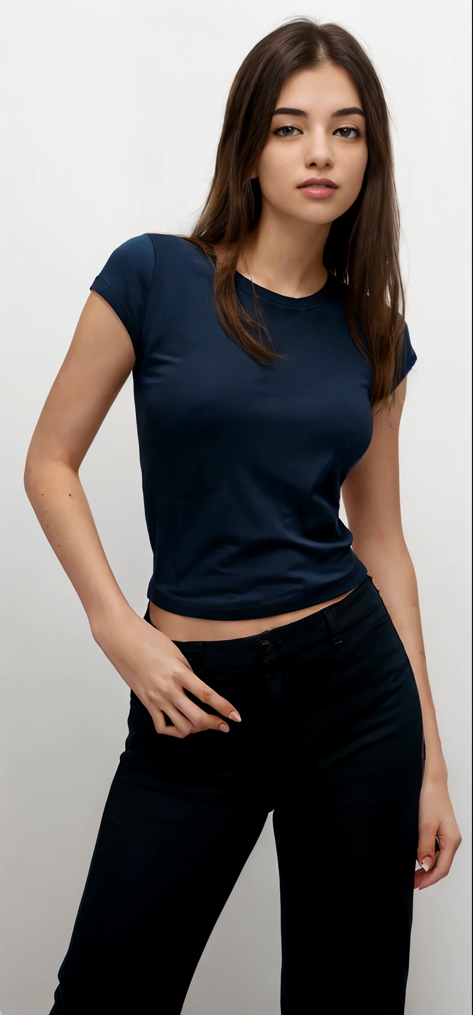a woman in a blusa preta and black pants posing for a picture, camiseta azul apertada, camisa apertada, wearing camisa apertada, vestindo roupas simples e justas, marinho fosco - body azul, blusa preta, usando um top cropped sexy, corte superior, camisa azul escura, top decotado, vestindo uma camiseta preta, Victoria Siemer, wearing corte superior, modelo de mulher