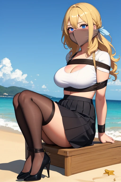 1 girl, detailed blue eyes, lange wimpern, detailed beautiful face, Side parts,a Bit curly hair, (very Long blonde hair:1.4), festgebunden, (arms behind back:1.6), gefesselte Arme, (blushing:1.3), (Big boobs:1.1), OTN, Gag, gagged, shibari over clothes, full body bondage, (black skirt, White top, black high heels:1.4), in einem Sessel sitzend, beach in the background, tied gag, nah aufnahmen