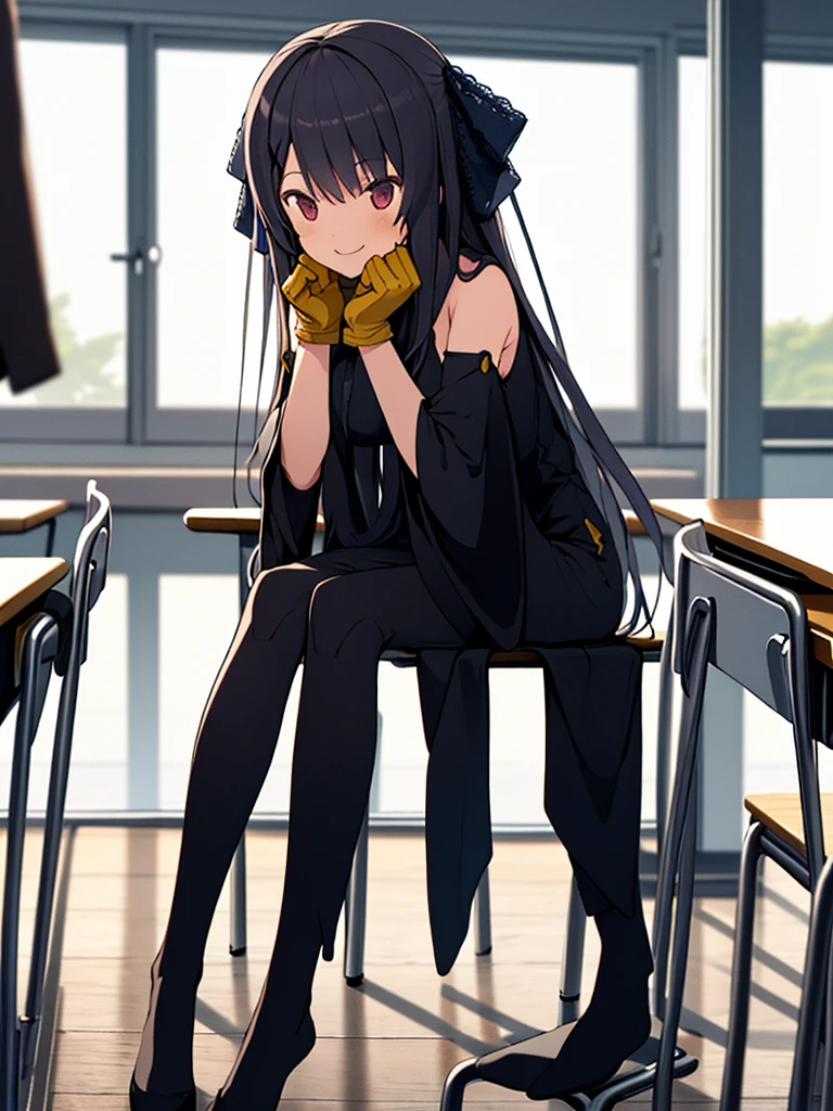 (full body),masterpiece, highest quality, High resolution, 体に張り付く全身Bodysuits，misakiao, One Girl, alone, Hair Ribbon, Bodysuits, gloves, Removable sleeves, Wide sleeves, One Girl, alone, Cowboy Shot,Sitting in a chair, classroom,  Place your hands on the table,sit，smile, Place your elbows on the desk，