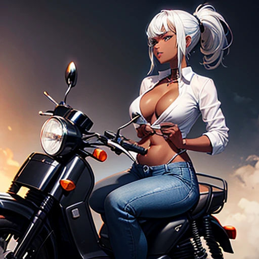 Silver hair ponytail, A dark-skinned woman wearing a black dress shirt and slim jeans is riding a moped. Showing your belly button Alluring thighs