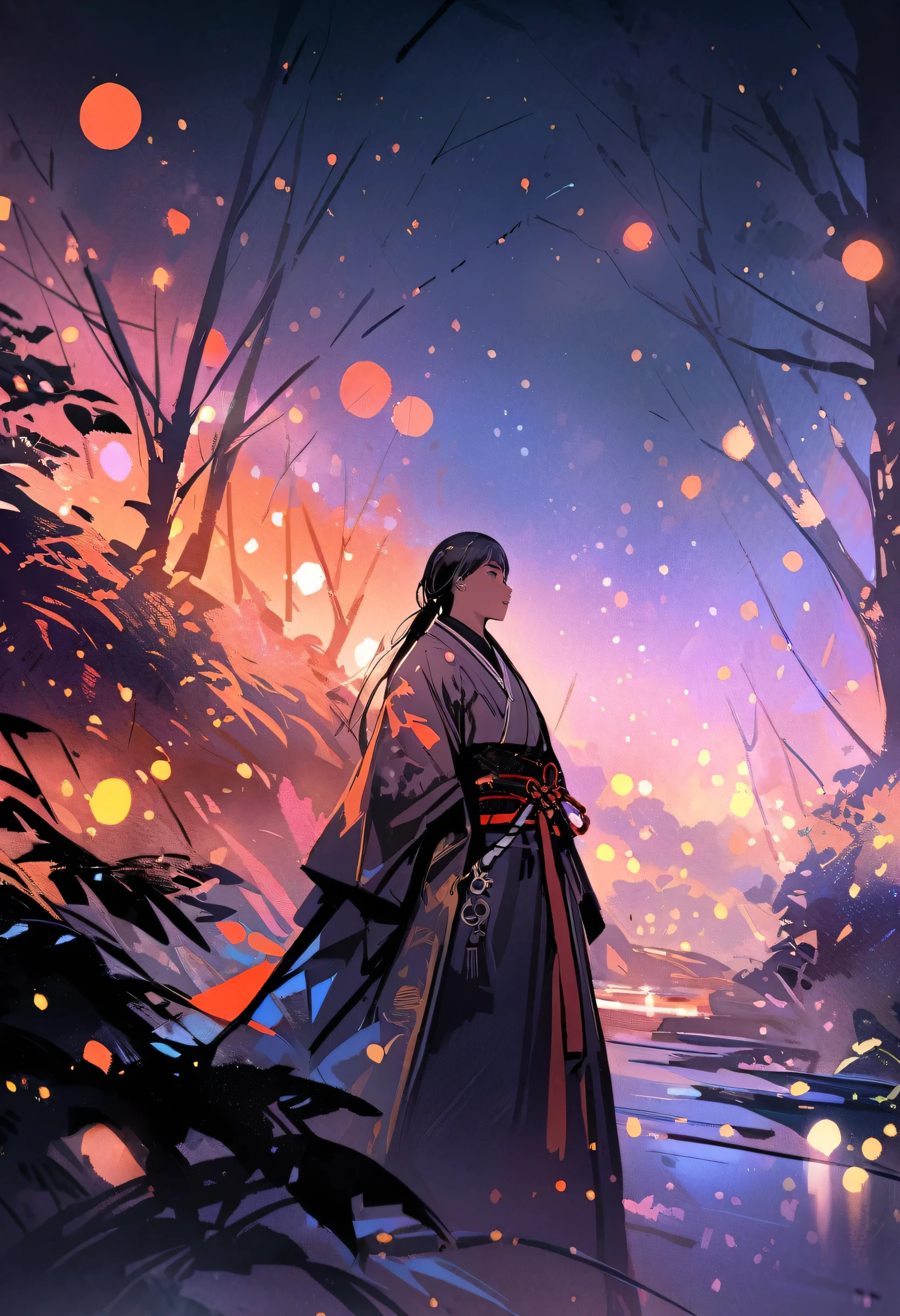 (Close-up shot:1.5), Japanese Samurai, Night forest glade background, (evening), moonlight, Bokeh, (Art by Jeremy Mann and Edvard Munch), Beautiful composition, Complementary Color, masterpiece, Awards