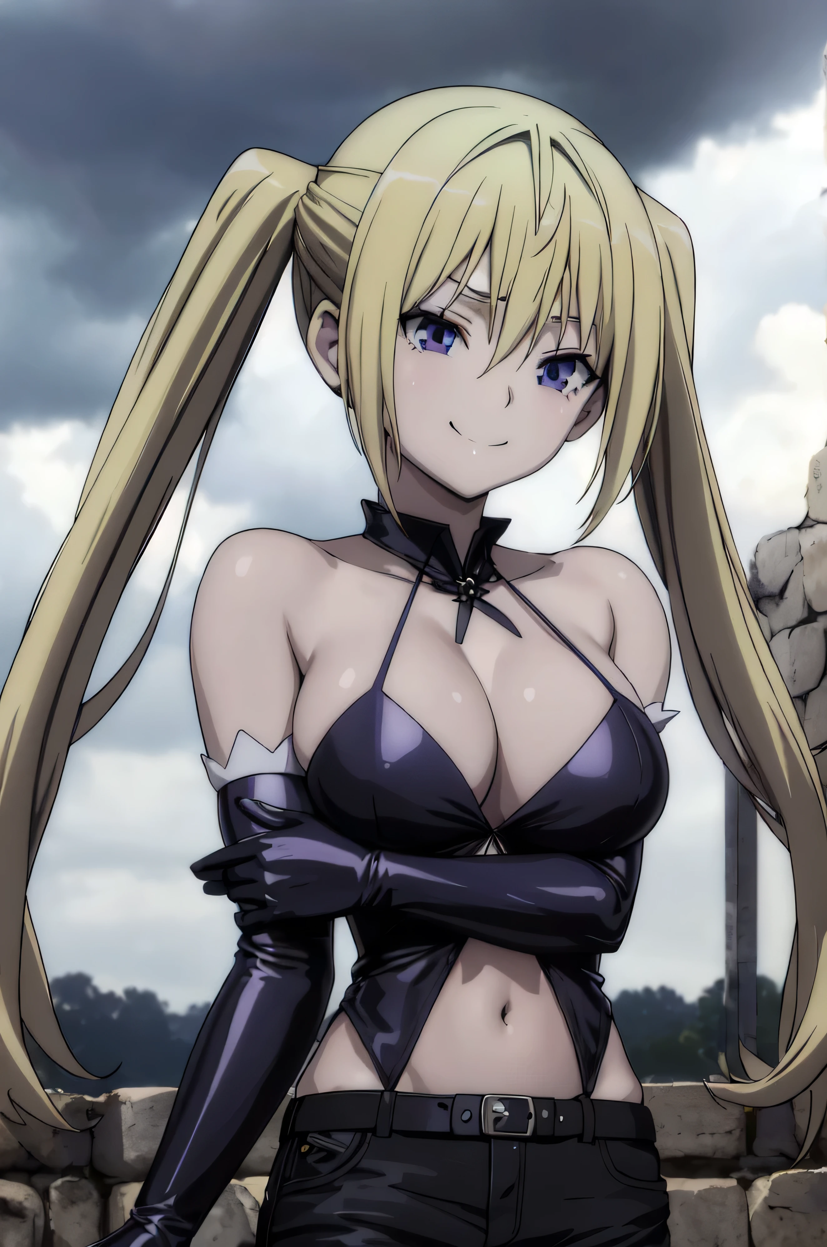 (masterpiece, best quality), 1girl, lieselotte sherlock,high quality, extremely detailed, ,(dark and stormy skies, lightning)(masterpiece:1.0),(Highest_quality:1.0), 超High resolution,4k,Super detailed, photo shoot, 8K, HDR, High resolution, disorganized:1.2, twintail,,looking at viewer,latex,elbow gloves,,, ,official art,short pants,(beautiful_face:1.5),(narrow_waist),,Highly detailed CG Unity 8K wallpaper, perfect lighting,laugh at,,looking at viewer,;smile worst,smile evil,upper body,evil smile,