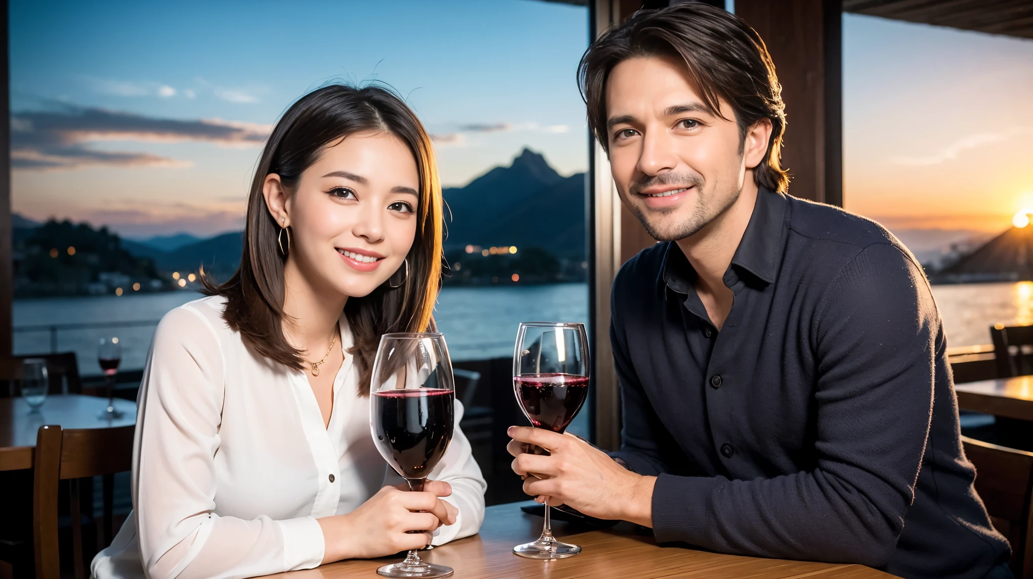 ((highest quality、8k、masterpiece:1.3))、1 male 1 female、Lovers、beautiful couple、Happy Smile、 (Slim face), (The body is スリム), (Brown Hair), (Shortcuts), ((Bob Hale、Straight hair:1.2)), テーブルの上のwine glass、Please put light on my face、 Amazing view of the sunset sky and clouds、Amazing mountain views、The wonderfulness of smiles、Bright image、Blushing, Shortcuts,Bright Face、 (Age 35), 39 years old, red wine 、Appetizers、Italian food、Wine bottle、Champagne、sparkling wine、Long sleeve shirt、dress、Attractive beauty、restaurant, Nova Frog Style, actress, model, Upper Body, White wine, red wine, wine glass,