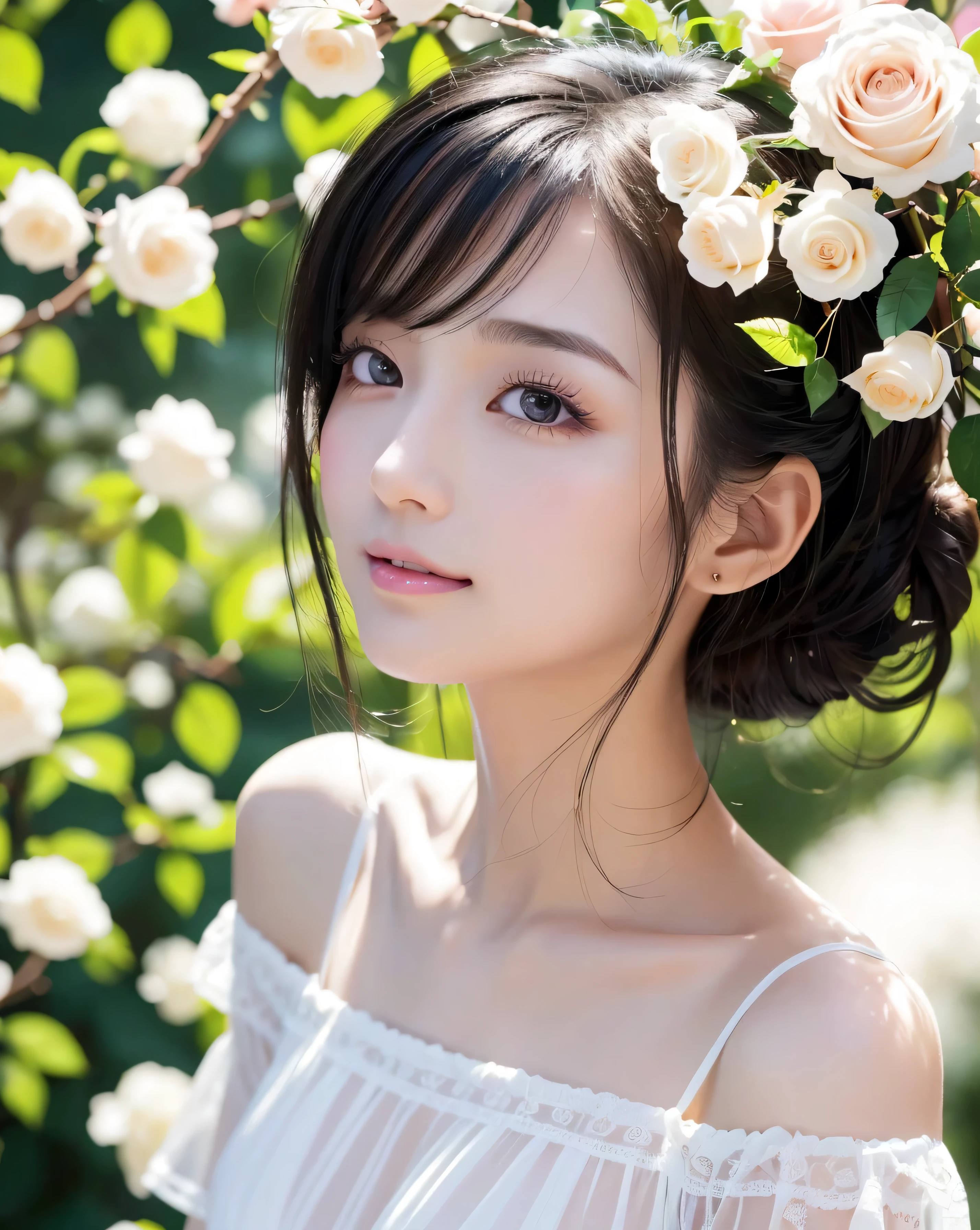 (highest quality, 32k, High resolution, masterpiece:1.5, ), marimo_jet, Memorable photos in abstract style, In a swirl of fantastic pastel colors and soft light, A sense of calm and elusive beauty, Very rich emotional expression, Have a rich imagination, Beautiful Japanese Girls, An exceptionally beautiful face, Small Face Beauty, ((Low - Angle:1.3)), Perfect Human Anatomy, Magical big eyes, Motherhood and generosity, Deep Love, ((fleeting smile:1.0)), Shiny black hair, Half Up Hair, Asymmetrical bangs, Hair between the eyes, Transparent, soft white skin, Sharp eyebrows, Thin lashes, Natural Makeup, Cheek highlighter, Pale pink detailed lips, ((White see-through dress)), Off the shoulder, High resolution perfect clavicle, High resolutionの美しい胸, Slender body with ample breasts, High resolutionの美しい太もも, Soft sunlight, (Colorful sparkling light effects:1.3), Surrounded by many white roses, Professional Lighting, Professional Photographer, Professional models,Mysterious
