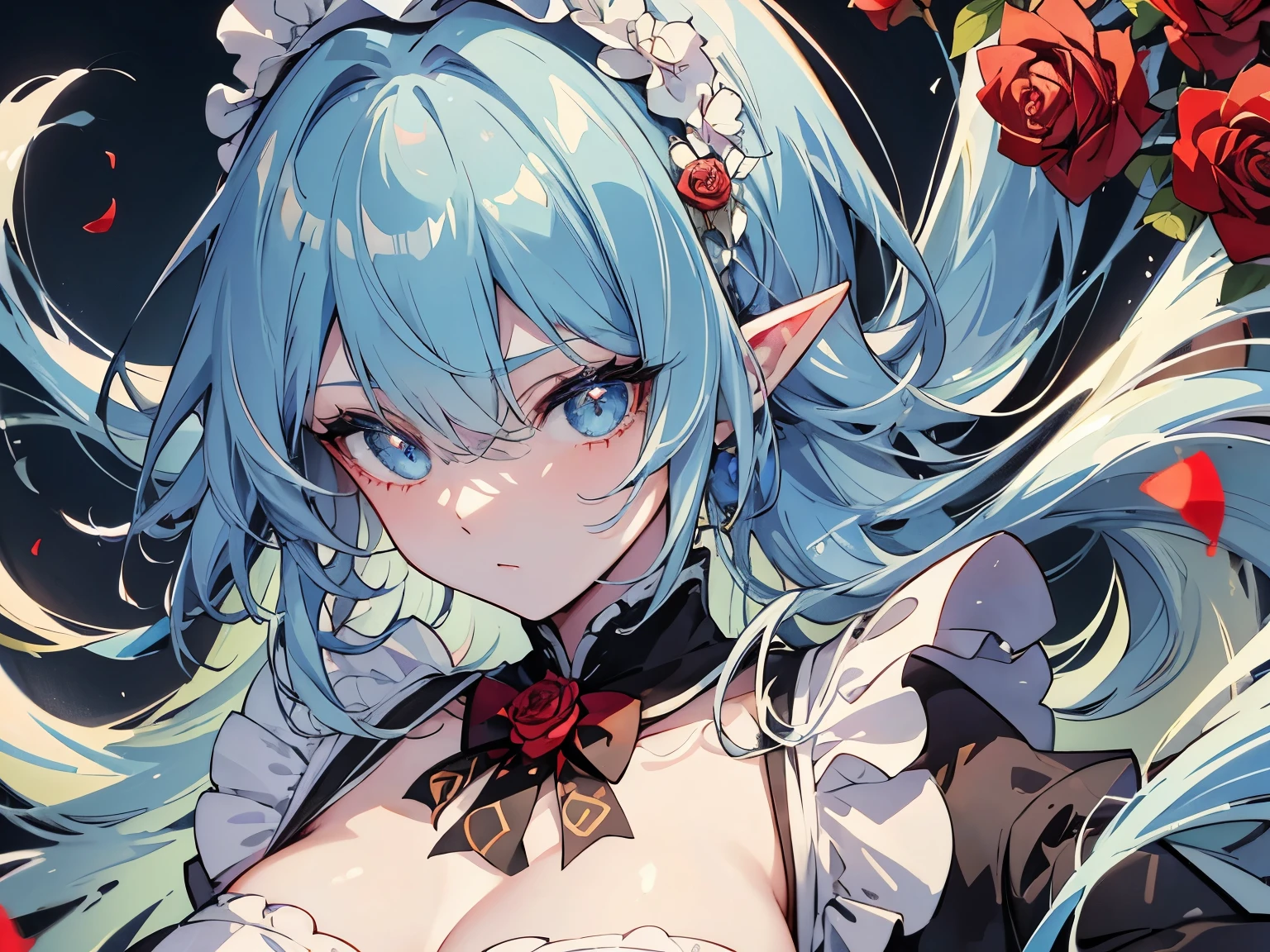 blue hair, medium hair, floating hair, big hair, eyeball, blue eyes, high detailed eyes, long pointy ears, anime, by Alfons Mucha, blending, masterpiece, accurate, textured skin, best quality, highres, super detail, 8k,elf, mature lady, maid, Maid outfit, frilly apron, (Rose Garden), red roses