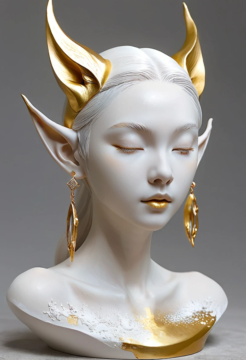 Beautifully decorated，Art jewelry，Technology，3D Sculpture，White clay statue，Rough surface，Graininess，grace，Elf ears，Artistic beauty，Track gold，Kaneko，Kanekoen powder，Artistic Creativity：1.37