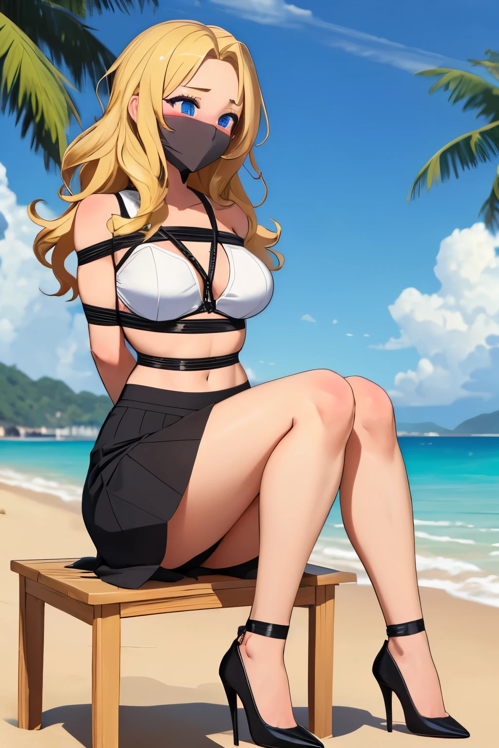 1 girl, detailed blue eyes, lange wimpern, detailed beautiful face, Side parts,a Bit curly hair, (very Long blonde hair:1.4), festgebunden, (arms behind back:1.6), gefesselte Arme, (blushing:1.3), (Big boobs:1.1), OTN, Gag, gagged, shibari over clothes, full body bondage, (black skirt, White top, black high heels:1.4), in einem Sessel sitzend, beach in the background, tied gag, nah aufnahmen