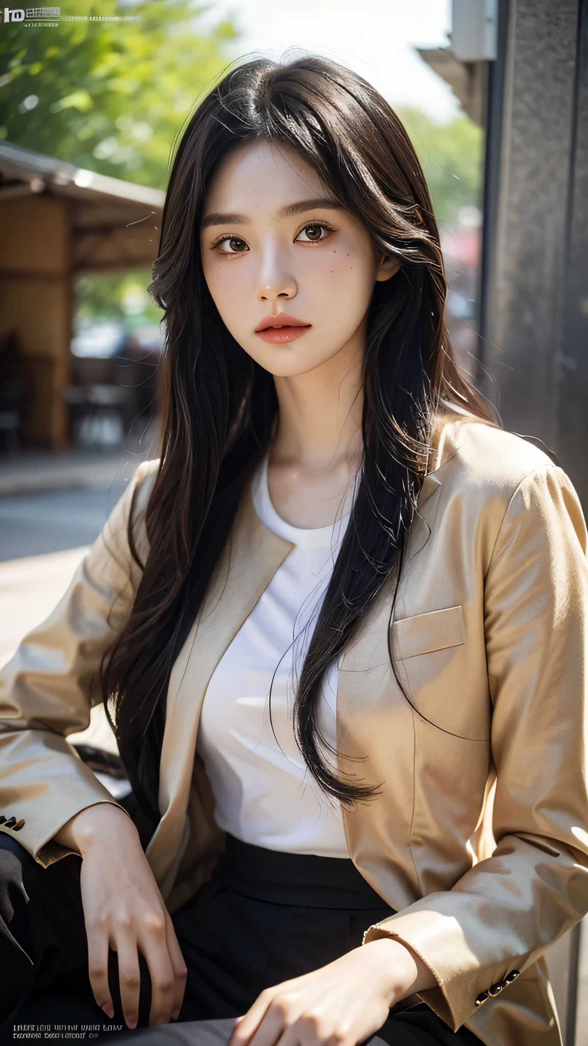 best quality, (wide shot), CGSsociety, 8K, ultra-realistic, masterpiece,  dark elf, white hair, blue eyes, white clothes, black scarf, looking up, upper body, lock of hair, dark skin, straight and loose hair