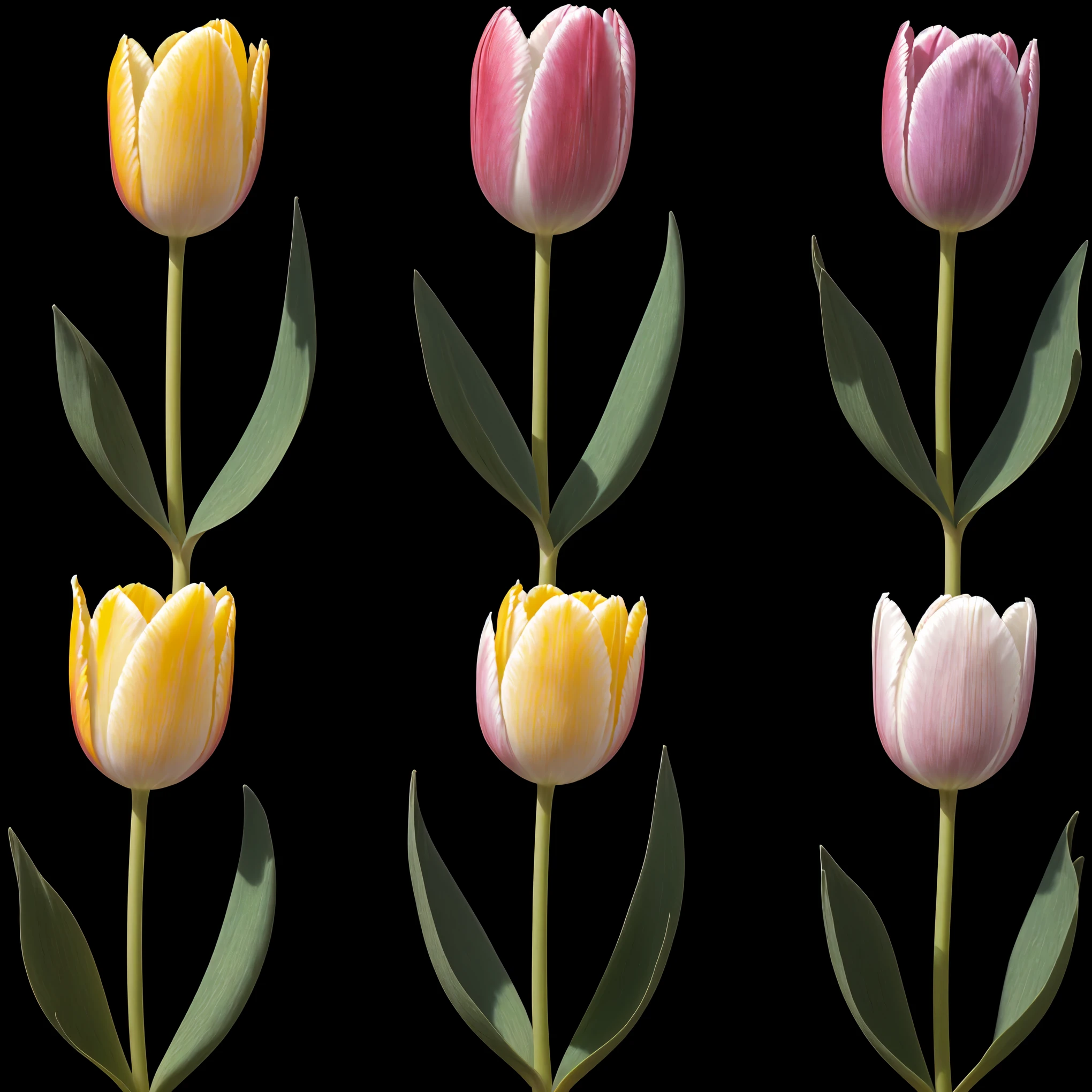 (Photorealistic)、highest quality, masterpiece l(1.4),A wealth of colours and textures. (Colorful tulips,),Orange, red, purple, yellow, white and pink tulips, With soft brushstrokes and pastel colors.