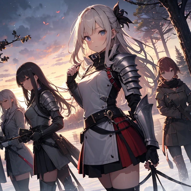A group of female knight, (in forest), various hair styles, harem, wearing armored clothes, metal armor, night, details face, , short skirt, seducing, sword