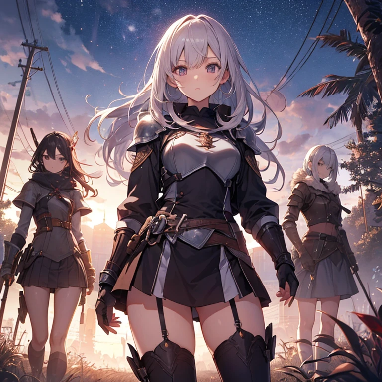A group of  female knight, (in forest), various hair styles, harem, wearing armored clothes, metal armor, night, details face, , short skirt, seducing, sword 