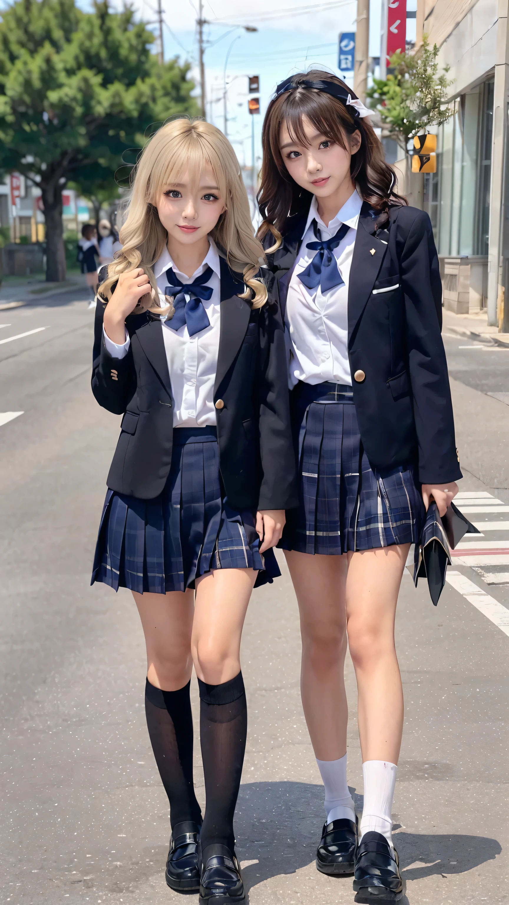 (scene; (2 people:1.8)), Gal, (Shopping mall, Shopping Street, street), (High school girls 2 people), (Standing facing this way, gal pose), (Thin thighs, Long, slender limbs), ((Highly detailed skin), Beautiful realistic face, White skin, Pointed Chest, Perfect Anatomy, Realistic eyes, Natural Eyes, Brown Eyes, Accurate eye focus, Accurate limbs), (Hyper Realist, Ultra-realistic, 4k, Attention to detail, Ultra-high resolution, highest quality, masterpiece, Presence, dynamic, Uplifting, bold, Sharpness), (Huge breasts:1.5), (Cleavage:1.5), (Japanese School Uniform:1.5), Small waist, (Blonde long hair:1.5), (Wavy long hair:1.5), (Curly Hair:1.5), (sleek bangs), (Twin tail hair), (White collared shirt, Pleated mini skirt, Navy colored socks, Black loafers, Ribbon tie), in uniform, Surreal school girl, High waist pleated mini skirt, tall, (Full body photo, Full body image, Full body portrait), in uniform, smile, (Two cute girls standing:1.8),