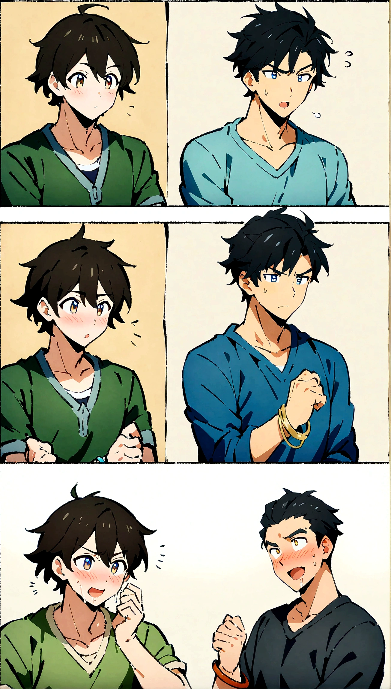 2boys,,,,,,boys,,,,,,male protagonist,,,Bright Eyes,blush,,Black Hair,Refreshing guy,,bright personality,Men's Focus,A rich expression,bracelet,Casual clothes,,Athletic Department Boys' Dormitory,Brainwashing infection in the dormitory leads to boys falling in love,,,Brainwashed into becoming gay,,,,Saliva,Anime character lookalike,creation,high resolution,4k,8k,quasi-masterpiece,highest quality,Anime Style,,Makoto Shinkai Style,,Cel animation art,,,,