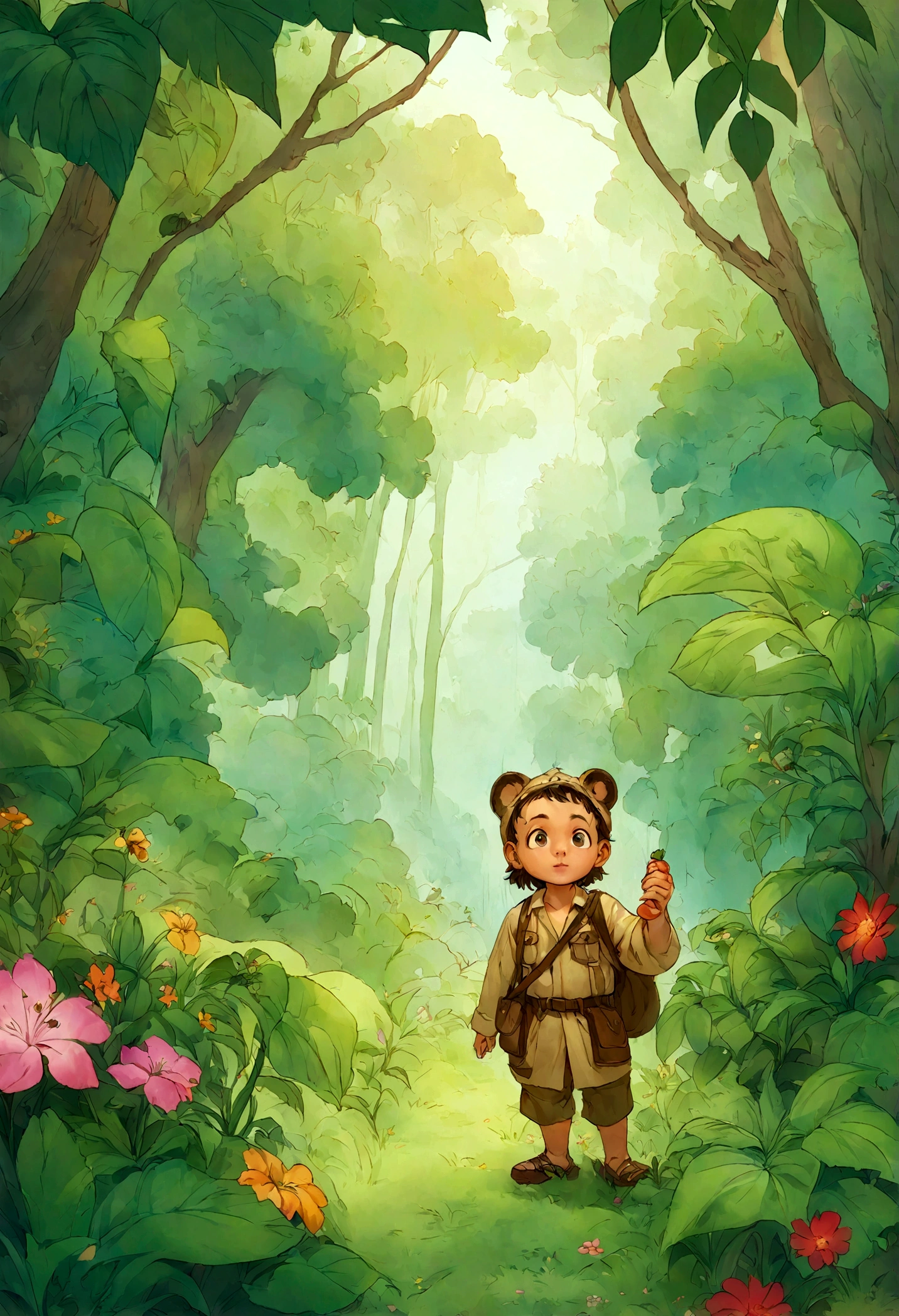 Cartoon boy in safari clothes standing in the middle of a jungle, illustration de livro infantils, illustration de livro infantils, illustration de livro infantils, Menino Escoteiro, illustration para crianças, explorador feminino mini bonito, illustration de livro infantil, illustration for children's book, Arte em Artstation, illustration de estilo cartoon, illustration de livro , illustration oficial do personagem, arte conceitual do menino solteiro, illustration , He was exploring his garden when he discovered a magical door hidden behind the flowers.