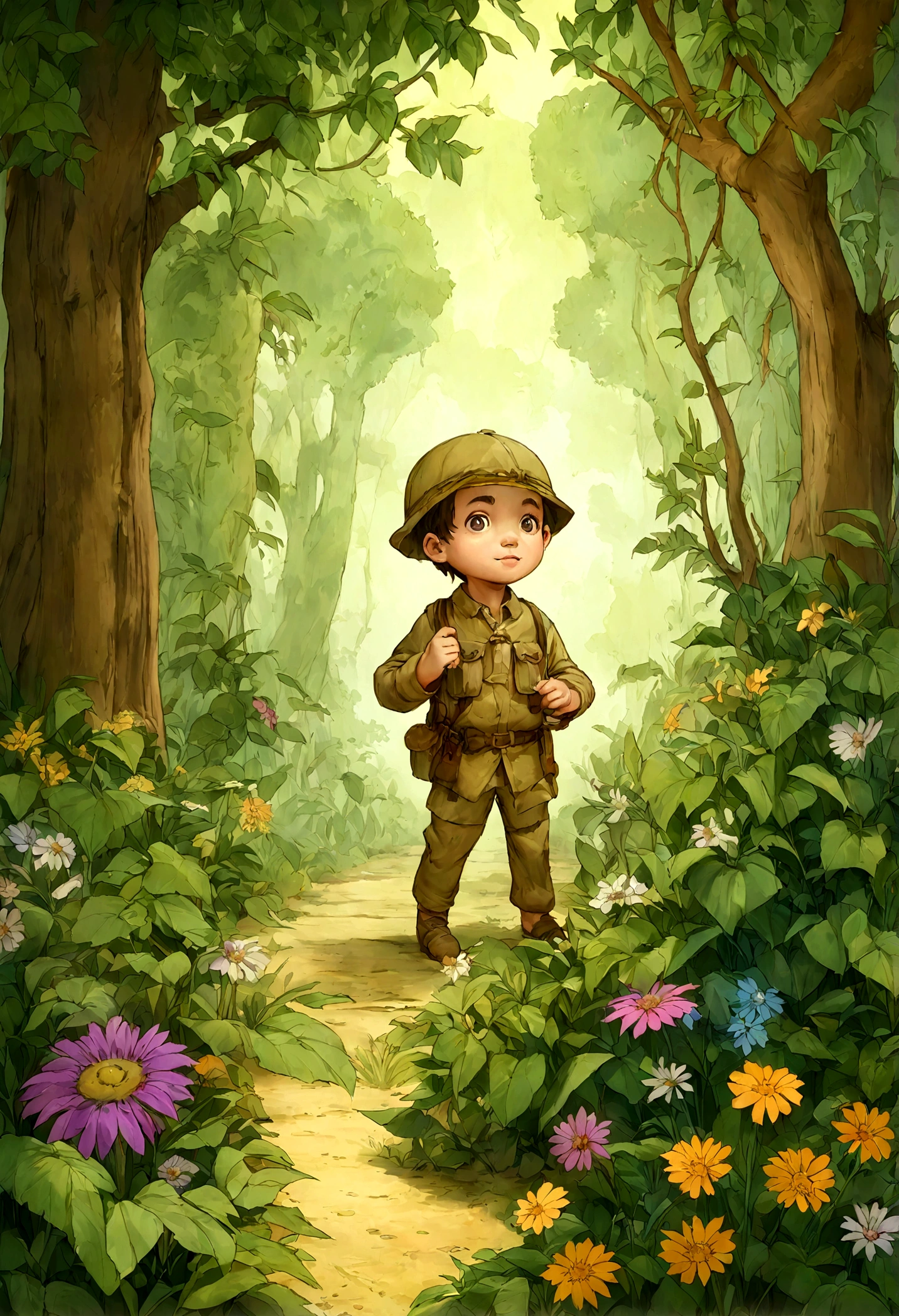 Cartoon boy in safari clothes standing in the middle of a jungle, illustration de livro infantils, illustration de livro infantils, illustration de livro infantils, Escoteiro, illustration para crianças, explorador feminino mini bonito, illustration de livro infantil, illustration for children's book, Arte em Artstation, illustration de estilo cartoon, illustration de livro , illustration oficial do personagem, arte conceitual do meninoiro, illustration , He was exploring his garden when he discovered a magical door hidden behind the flowers.