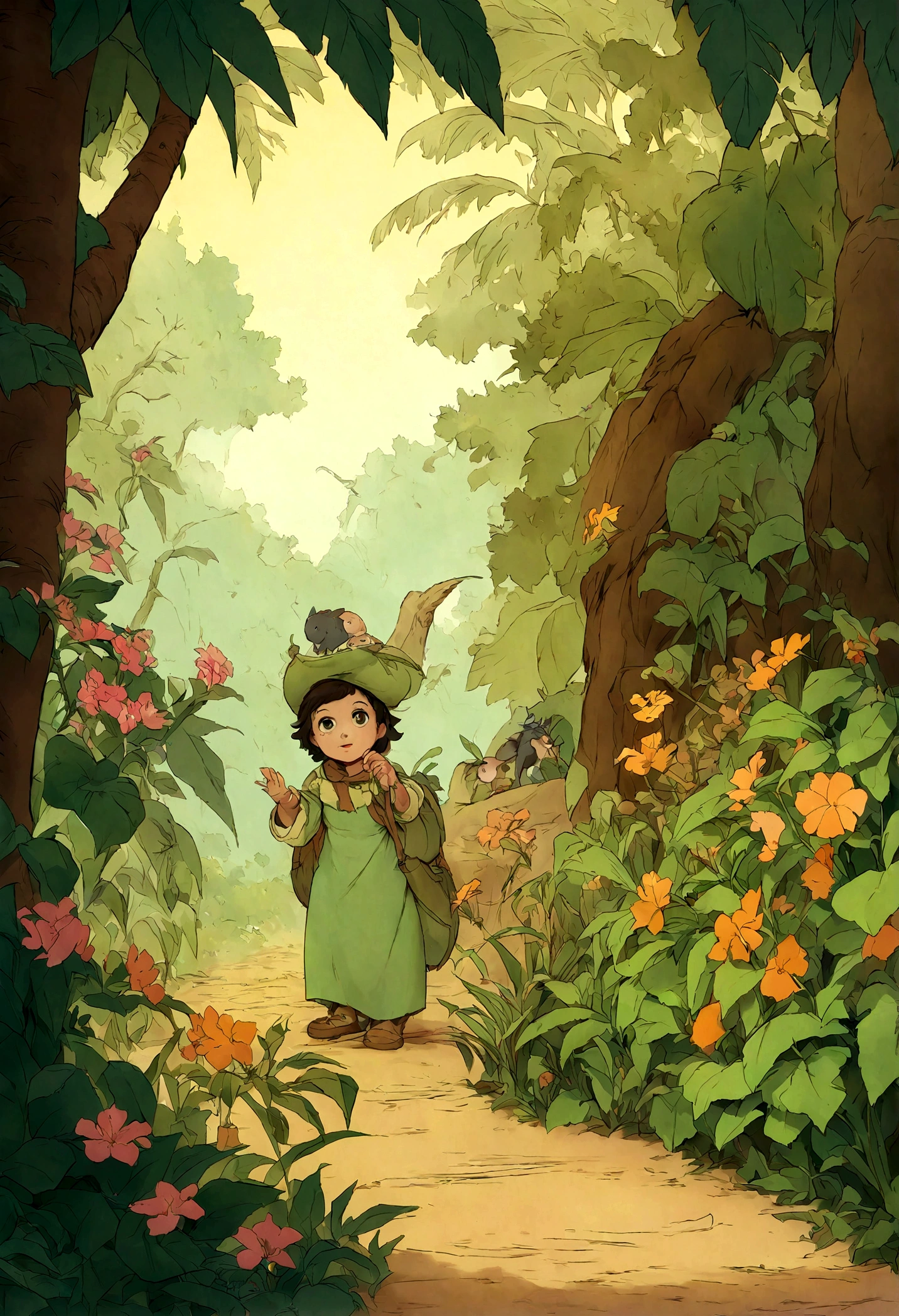 Cartoon boy in safari clothes standing in the middle of a jungle, illustration de livro infantils, illustration de livro infantils, illustration de livro infantils, Escoteiro, illustration para crianças, explorador feminino mini bonito, illustration de livro infantil, illustration for children's book, Arte em Artstation, illustration de estilo cartoon, illustration de livro , illustration oficial do personagem, arte conceitual do meninoiro, illustration , He was exploring his garden when he discovered a magical door hidden behind the flowers.