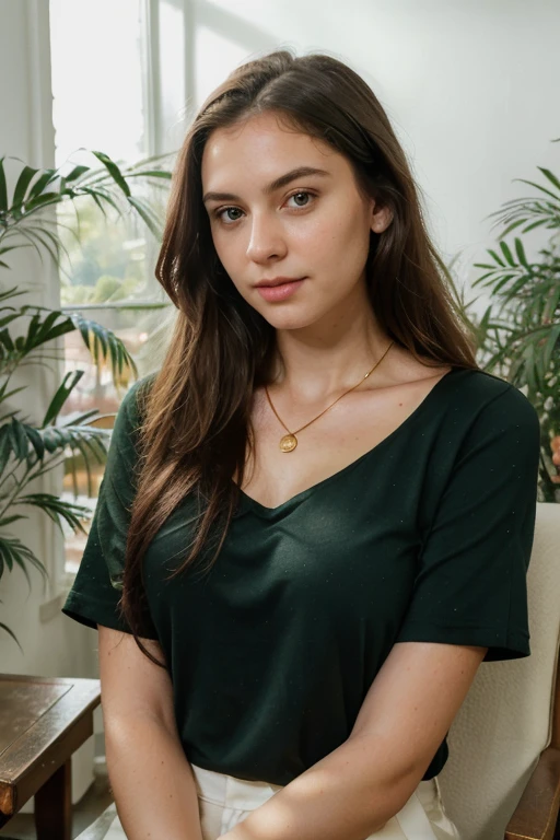 (best quality,4k,Bk,highres,masterpiece:1.2), ultra-detailed,(realistic,photorealistic,photo-realistic:1.3),polaroid photo,, woman with long dark hair, ((green eyes)), (expressive eyes) 23 years old, wearing a black top and a gold necklace. She is seated indoors, with a plant in the background and soft lighting highlighting her face. She appears to be speaking, with her hands gesturing in front of her. Her expression is friendly and engaged, as if she is explaining something or having a conversation directly with the camera.