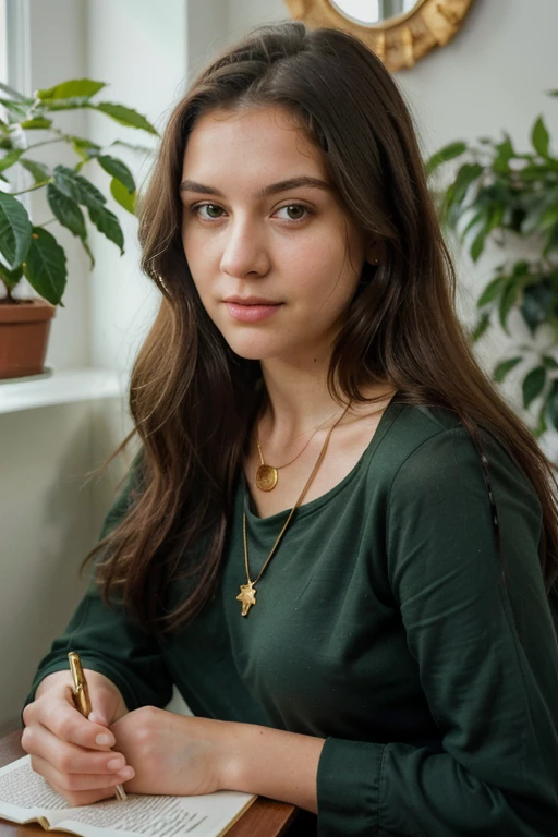 (best quality,4k,Bk,highres,masterpiece:1.2), ultra-detailed,(realistic,photorealistic,photo-realistic:1.3),polaroid photo,, woman with long dark hair, ((green eyes)), (expressive eyes) 23 years old, wearing a black top and a gold necklace. She is seated indoors, with a plant in the background and soft lighting highlighting her face. She appears to be speaking, with her hands gesturing in front of her. Her expression is friendly and engaged, as if she is explaining something or having a conversation directly with the camera.