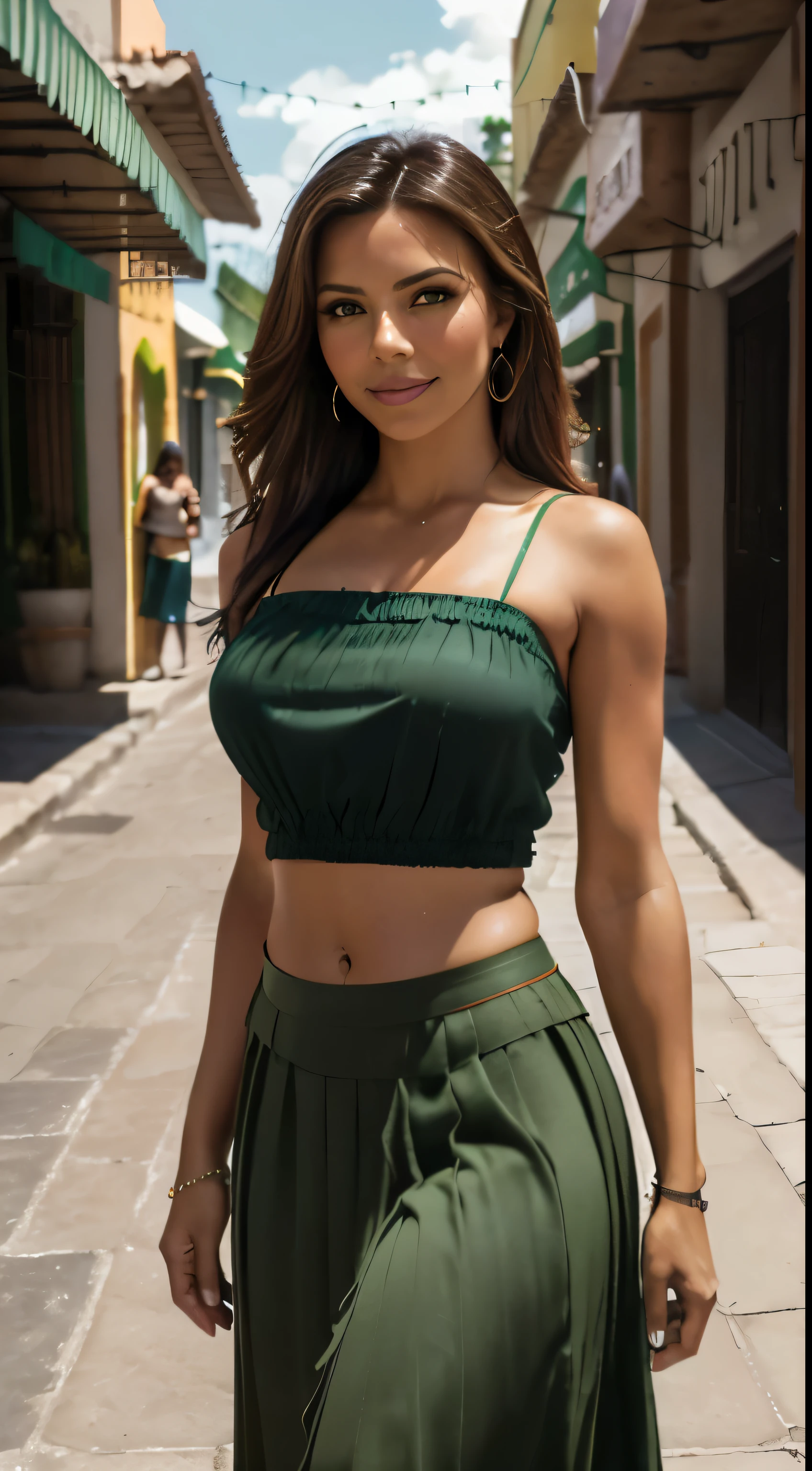 Photo hyperréaliste en gros plan d&#39;Eva Longoria,  chef-d&#39;artwork, Best quality, (photorealistic:1.4), (jupe maxi traditionnelle mexicaine verte:1.2), (blouse traditionnelle mexicaine verte à bretelles:1.2), Mexican urban market, Cinematic light, belle femme, maigre, seins moyens, cheveux bruns raides, detailed face, sourire, photo prise de loin, 20 ans, vieilles larmes
