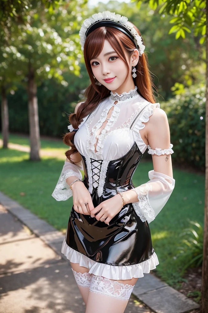 (nsfw), sexy stylish Thai model, only 1 female, ((doll-like appearance)), short Auburn stylish hair, ((shiny Victorian-Style boots)), (big smile), ultra detailed eyes, vivid eye makeup, lipgloss, long lashes, defined eyebrows, ((sexy Paradise Kiss cosplay)), bell-shaped skirt, petticoats, high neckline, puffed sleeves, ((ultra detailed lace)), ((ultra detailed embroidery)), intricate details, Paradise Kiss accessoires and matching headpiece, choker, ((large sparkling Paradise Kiss jewelry)), cinematic light, detailed large park background with trees