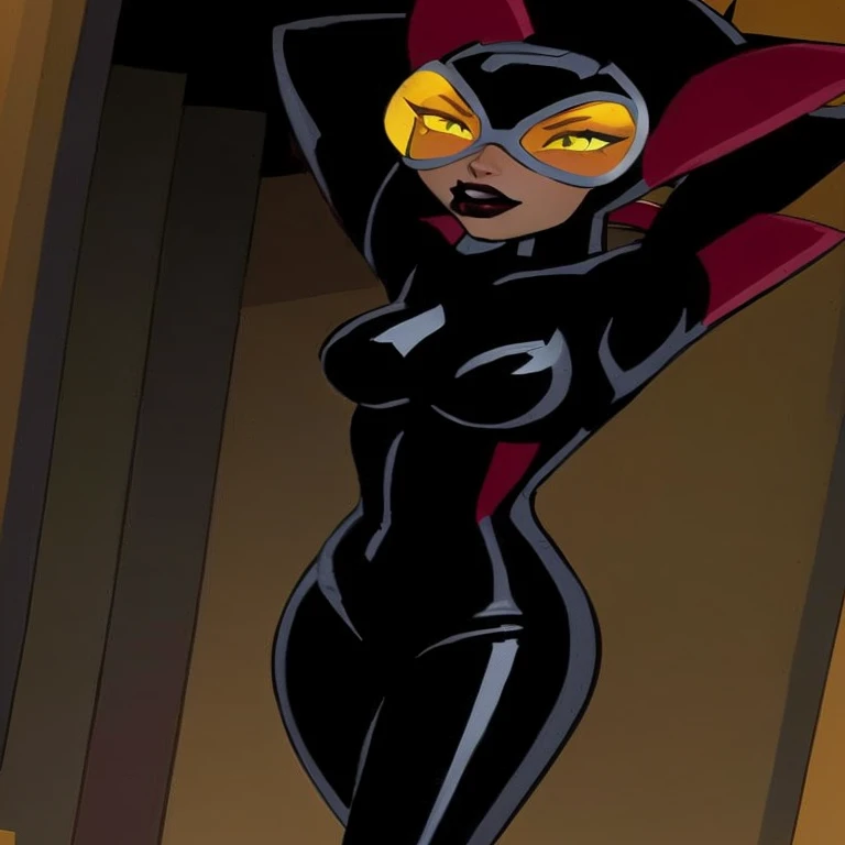 a cartoon of a woman in a black and red outfit, inspired by Bruce Timm, by Bruce Timm, cassandra cain in satin, doja cat as cat woman, catwoman, succubus in tight short dress, cat woman, wearing a black catsuit, in spandex suit, anya from spy x family, vixen, villainess has black angel wings