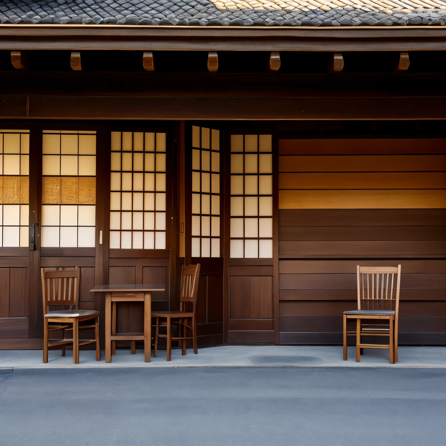 Japanese eaves, wooden, wall, Tables and Chairs, Right side, Shop sign, chiaroscuro, chiaroscuro, high detail, En plein air, cowboy shot, emphasis lines, best quality