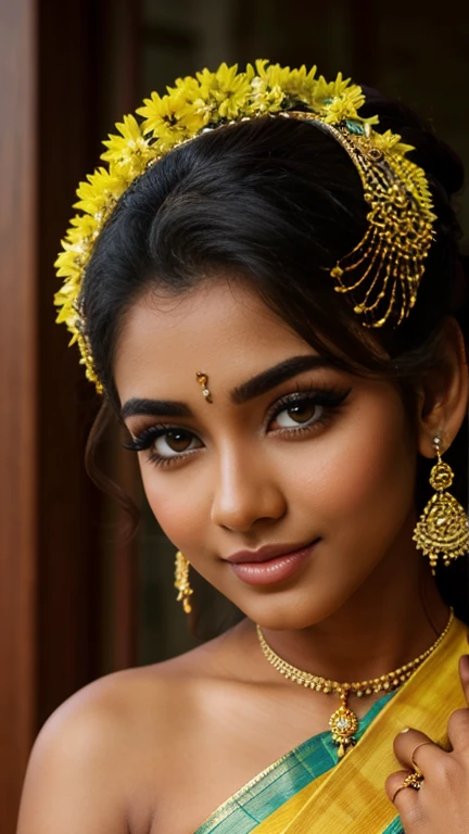 (high quality, masterpiece, HDR, 256K), (hyper-realistic, photorealism) 20 year old extremely beautiful Tamil girl, (intricate detailed extremely beautiful face, bright eyes, ears, nose, lips, textured skin), eyes symmetry, (bright smile). Front view close up. Wearing yellow half sari. Big yellow dot on forehead. two Braid Hair fallen on either side of her shoulder. 