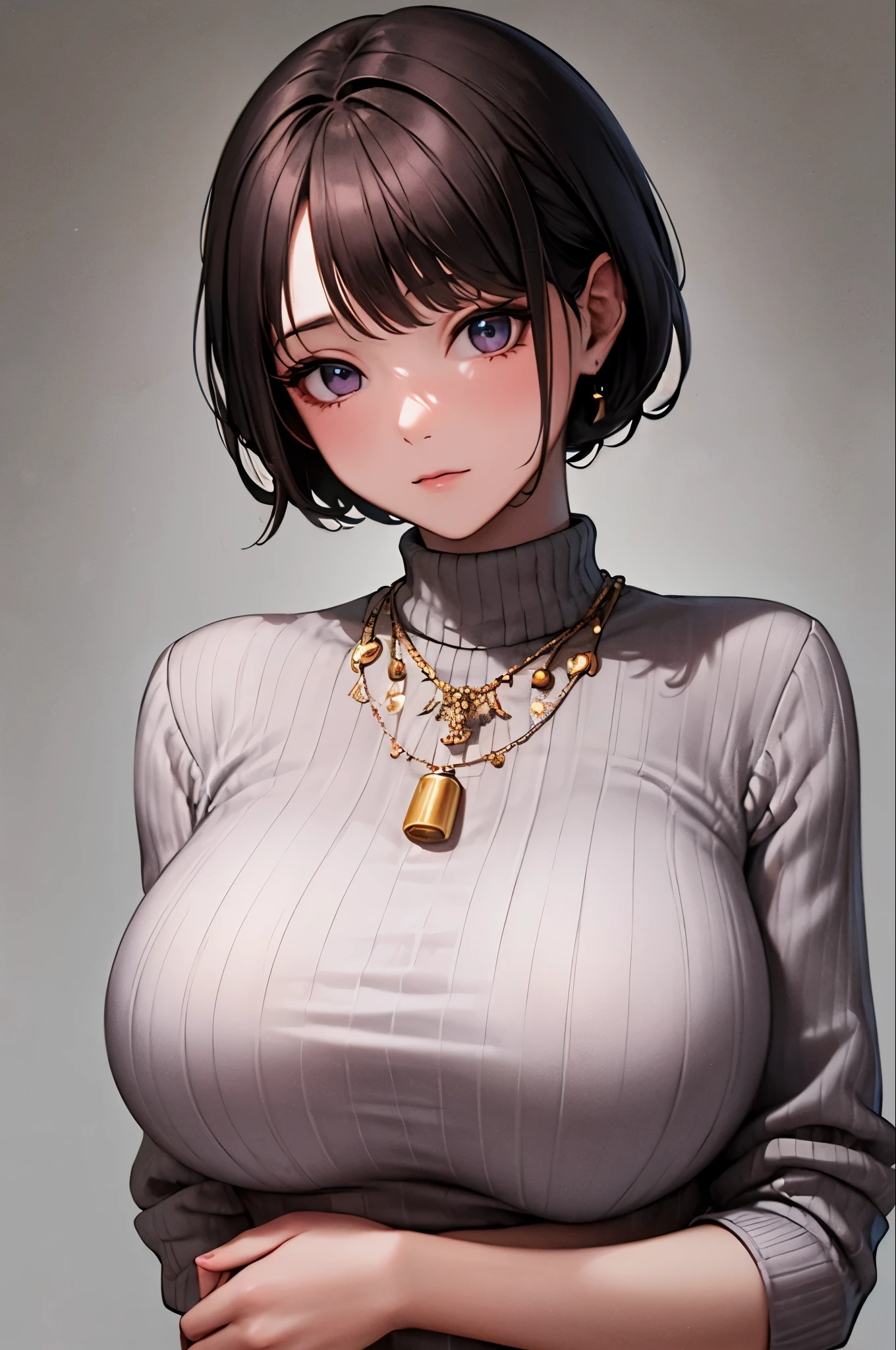 (highest quality, 8k, 32k, masterpiece, Ultra-high resolution:1.2),Beautiful Japanese Women Photos, milk, Very short bob hair,Upper Body,(Extra Large_sweater,:1.1) necklace, Simple Background, Look around