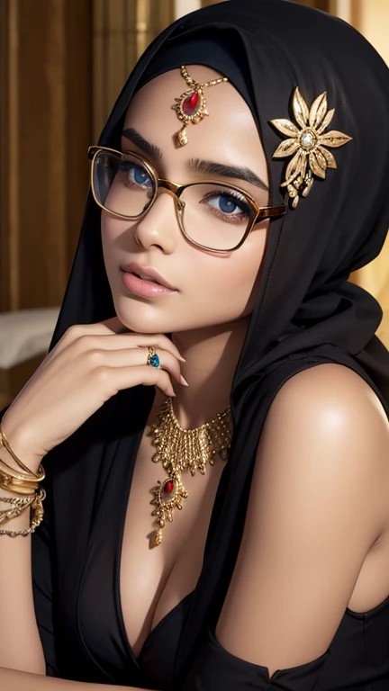 A high school glasses girl model wearing hijab, golden indian bangle and bracelet, golden necklace, golden swiss polo watch, kissing a man, squinting eyes, detailed ????? face