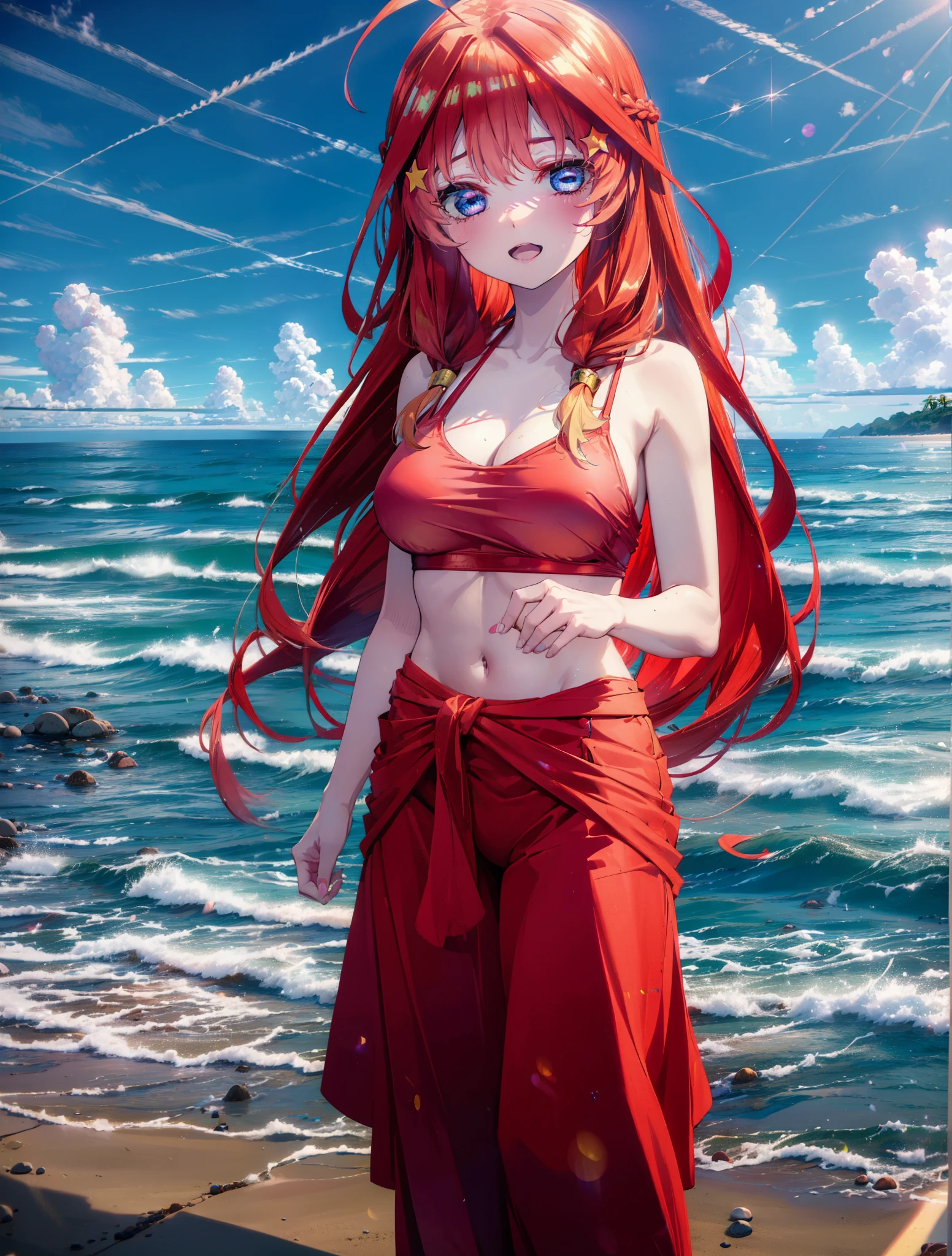 A man with red and white hair is on the beach with a mermaid woman with blue hair 