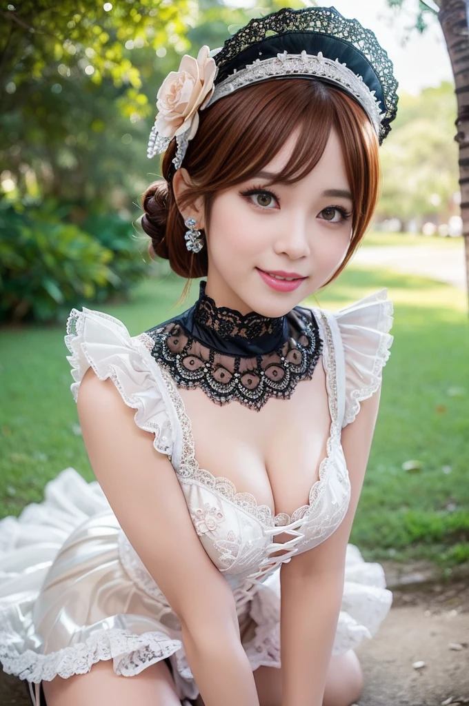 (nsfw), sexy stylish Thai model, only 1 female, ((doll-like appearance)), short Auburn stylish hair, ((shiny Victorian-Style boots)), (big smile), ultra detailed eyes, vivid eye makeup, lipgloss, long lashes, defined eyebrows, ((sexy Paradise Kiss cosplay)), bell-shaped skirt, petticoats, high neckline, puffed sleeves, ((ultra detailed lace)), ((ultra detailed embroidery)), intricate details, Paradise Kiss accessoires and matching headpiece, choker, ((large sparkling Paradise Kiss jewelry)), cinematic light, detailed large park background with trees