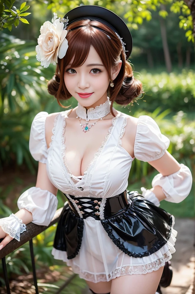 (nsfw), sexy stylish Thai model, only 1 female, ((doll-like appearance)), short Auburn stylish hair, ((shiny Victorian-Style boots)), (big smile), ultra detailed eyes, vivid eye makeup, lipgloss, long lashes, defined eyebrows, ((sexy Paradise Kiss cosplay)), bell-shaped skirt, petticoats, high neckline, puffed sleeves, ((ultra detailed lace)), ((ultra detailed embroidery)), intricate details, Paradise Kiss accessoires and matching headpiece, choker, ((large sparkling Paradise Kiss jewelry)), cinematic light, detailed large park background with trees