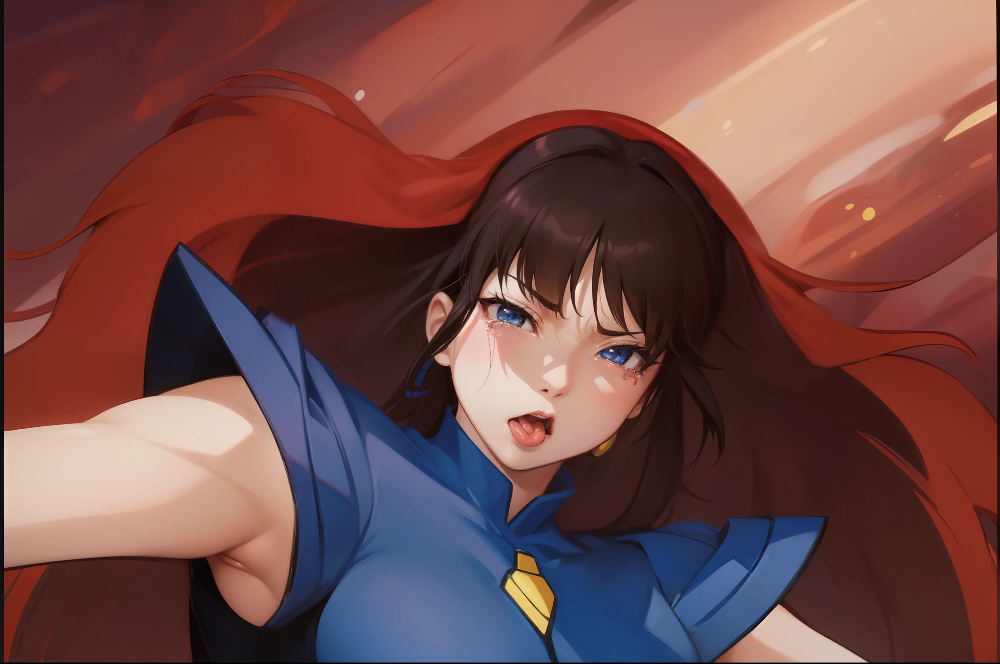 Female Combatant、Japanese girl、Close-up of a girl in a blue leotard、Blue glossy leotard、Blue knee-high boots、Yellow Globe、Saiyan Girl, wonderful, Nano Girl, Female body type, Inspired by Hiromu Arakawa, Anime Manga Robot!! Anime Girls, Fubuki, Full Body Suit, by Hiromu Arakawa、wonderful, silk, Beautiful and attractive anime , Anime Girls of the future, tears,Drooling,Pee,Sweat,Tongue out,incontinence,Peeing,Mouth open and tongue out,Estrus,Eyes wide open,Estrus,Blushing,Nipples are erect,Face is hot,Lust、Mouth wide open and tongue sticking out、incontinence、Crying face、Drooling、Red lips、Red tongue、Red tongueを大きく突き出している