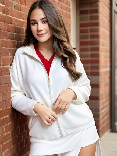 (masterpiece, realistic, best quality, ultra detailed), intricate, professional photography, HDR, High Dynamic Range, (8k UHD), RAW photo, dslr, realistic LUT, cinematic LUT, perfect lighting, professional lighting, cinematic lighting, cinematic shadows, iridescent lighting, 1girl,perfect body,looking side,smile,white long tulle skirt,white zipup boots,red soccer jersey,oversized jersey,stand against the brick wall,full_shot,front view,dynamic_angle,