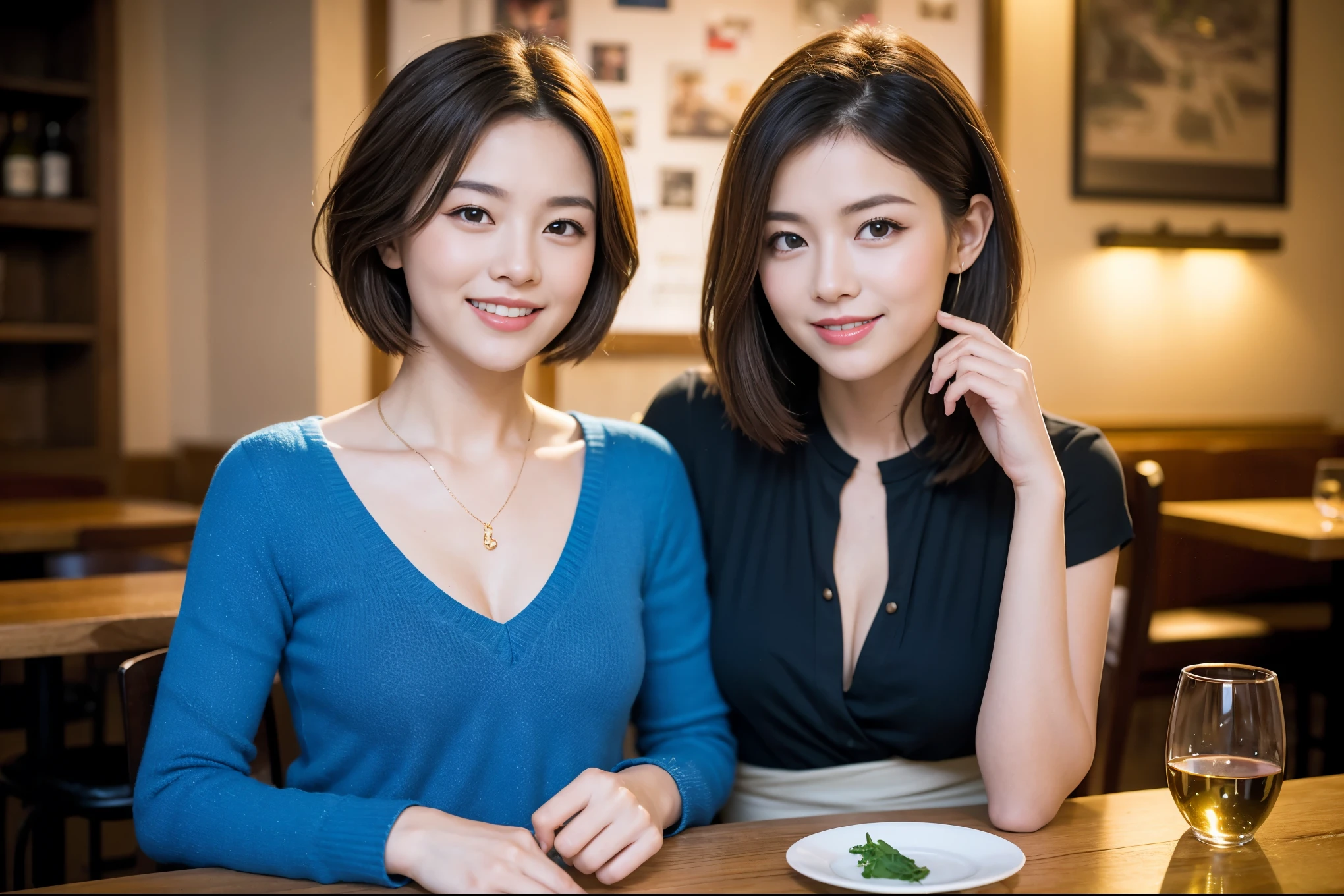 ((highest quality、8k、masterpiece:1.3))、1 male 1 female、Couple、Spouse、Couple、The body is slim、((Bob Hale、Straight hair:1.2)), (Realistic, Intricate details:1.2), テーブルの上のwine glass、Put the light on your face、 Amazing view of the sunset sky and clouds、Amazing mountain views、A bright smile、The wonderfulness of smile、Bright image、The beauty of wine, Beautiful Face, blue eyes, The light shines on your face, Blushing, short hair,Bright Face、 (Age 37), 39 years old, red wine 、Appetizers、Italian food、Wine bottle、Champagne、sparkling wine、Two beauties、Brown Hair、Shortcuts、Long sleeve shirt、dress、Pretty Woman 1, (slimな顔), (The body is slim), (Brown Hair), (Shortcuts), cheeks turn a little red,Attractive beauty、restaurant, In a prominent place (From the waist up) Nova Frog Style, actress, model, Upper Body, White wine, slim, wine glass, 中央に置かれたwine glass, smile, (smile: 1.15), Beautiful fine grain, Depth f/2,saturation, High Contrast, Strong light and shadow,Moist Body:1.5、3D texture、Delicate eyes、Brown Hair、The hair is very shiny、