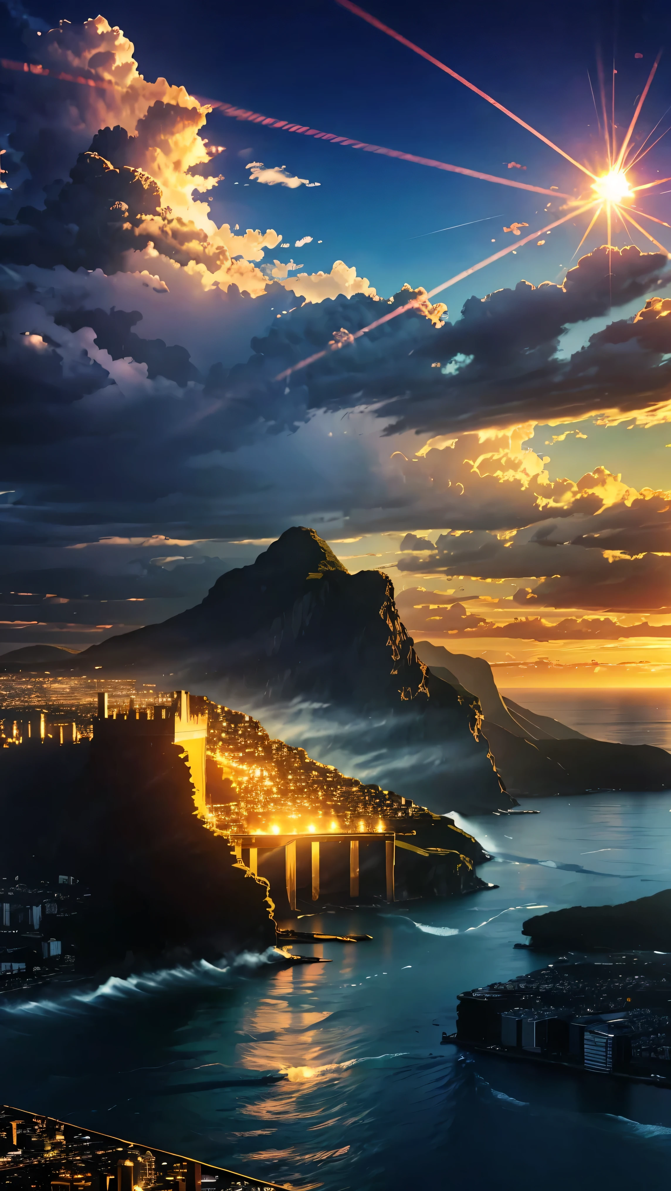 (Ultra-realistic:1.2), High resolution, (Bright colors, High resolution:1.1), (Sharp focus:1.1), (Physically Based Rendering:1.1), Tyndall effect, Colorful lights, (((Light shines through the gaps in the clouds))), Beautiful perspective, Contrasting Shadows, moving composition, Realistic landscape, unique configuration, Soft texture, Intricate details, Mysterious atmosphere, An artistic exploration of light and shadow,Angel Ladder、Many angel ladders rising from the clouds、Golden dazzling light、Sunlight reflecting off the ocean surface、A world view that will captivate all who see it、sea of clouds