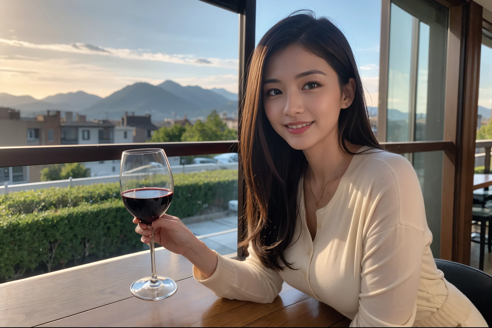 ((highest quality、8k、masterpiece:1.3))、1 male 1 female、Couple、Spouse、Couple、The body is slim、((Bob Hale、Straight hair:1.2)), (Realistic, Intricate details:1.2), テーブルの上のwine glass、Put the light on your face、 Amazing view of the sunset sky and clouds、Amazing mountain views、A bright smile、The wonderfulness of smile、Bright image、The beauty of wine, Beautiful Face, blue eyes, The light shines on your face, Blushing, short hair,Bright Face、 (Age 37), 39 years old, red wine 、Appetizers、Italian food、Wine bottle、Champagne、sparkling wine、Two beauties、Brown Hair、Shortcuts、Long sleeve shirt、dress、Pretty Woman 1, (slimな顔), (The body is slim), (Brown Hair), (Shortcuts), cheeks turn a little red,Attractive beauty、restaurant, In a prominent place (From the waist up) Nova Frog Style, actress, model, Upper Body, White wine, slim, wine glass, 中央に置かれたwine glass, smile, (smile: 1.15), Beautiful fine grain, Depth f/2,saturation, High Contrast, Strong light and shadow,Moist Body:1.5、3D texture、Delicate eyes、Brown Hair、The hair is very shiny、