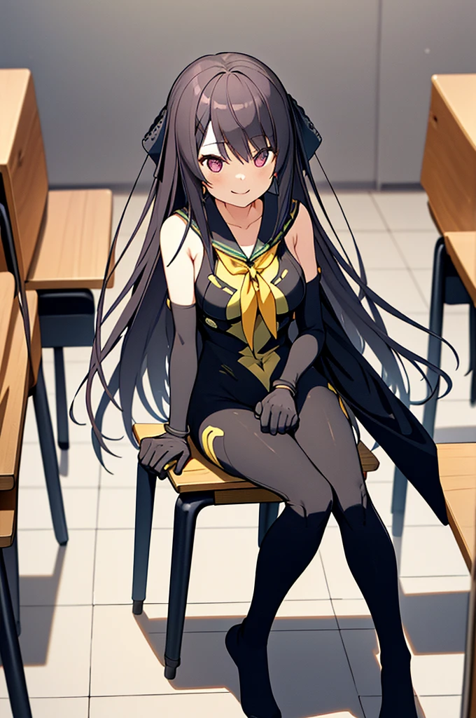 (full body),masterpiece, highest quality, High resolution, 体に張り付く全身Bodysuits,misakiao, One Girl, alone, Hair Ribbon, Bodysuits, gloves, Removable sleeves, Wide sleeves, One Girl, alone, Cowboy Shot,Sitting in a chair, classroom, Place your hands on the table,sit,smile, Place your elbows on the desk,