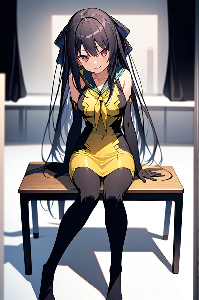 (full body),masterpiece, highest quality, High resolution, 体に張り付く全身Bodysuits，misakiao, One Girl, alone, Hair Ribbon, Bodysuits, gloves, Removable sleeves, Wide sleeves, One Girl, alone, Cowboy Shot,Sitting in a chair, classroom,  Place your hands on the table,sit，smile, Place your elbows on the desk，