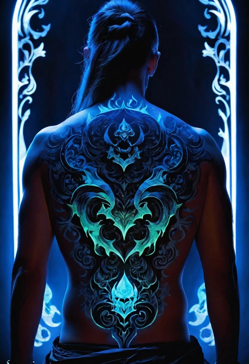 Black Light Art，Glow in the Dark Tattoo，Half demon half god seamless fusion back tattoo，Melancholy atmosphere，Symmetrical balance，Gothic horror，Dark Fantasy，masterpiece，Best quality，8k，Ultra Detail，Clear focus，