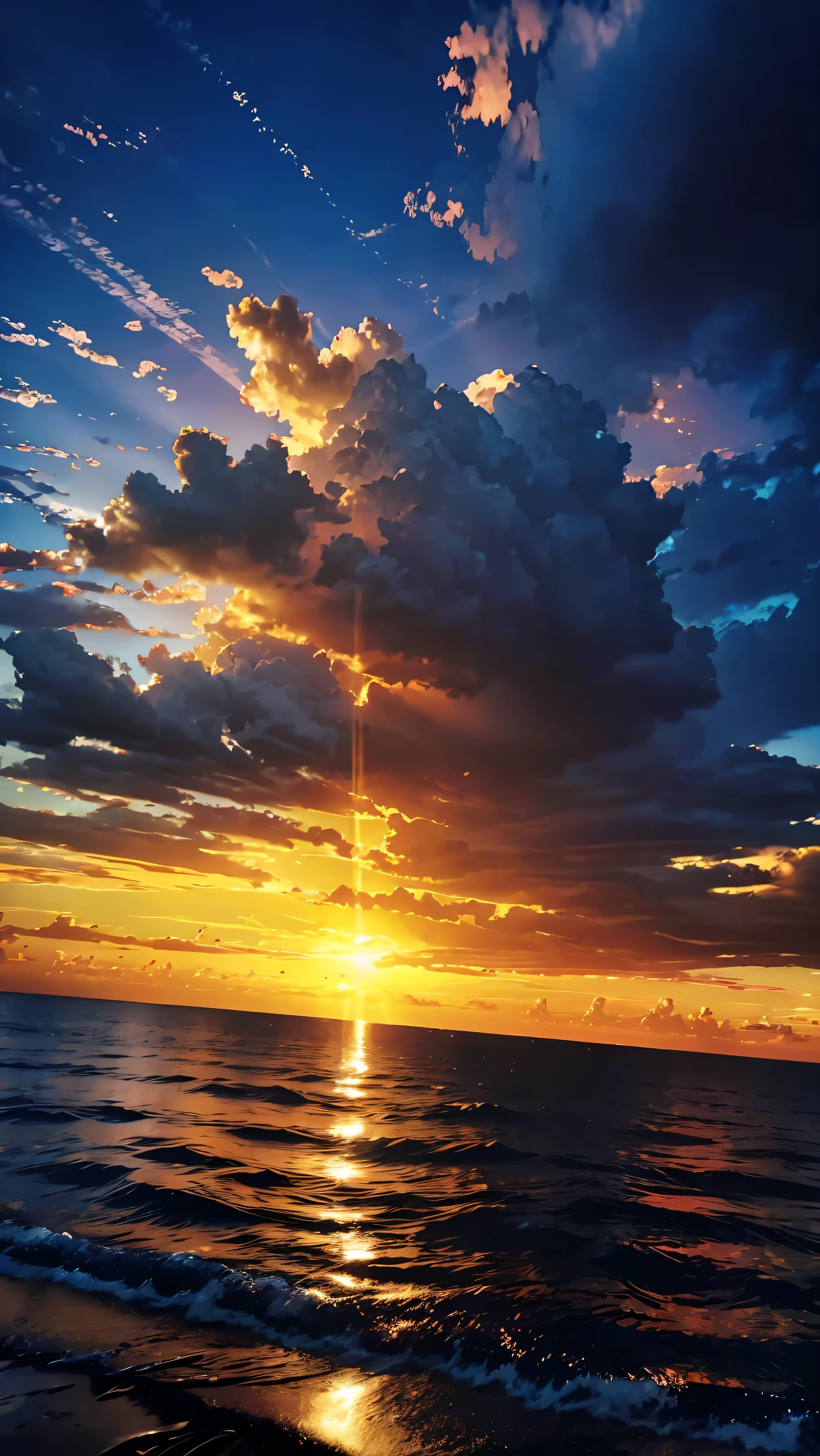 (Ultra-realistic:1.2), High resolution, (Bright colors, High resolution:1.1), (Sharp focus:1.1), (Physically Based Rendering:1.1), Tyndall effect, Colorful lights, (((Light shines through the gaps in the clouds))), Beautiful perspective, Contrasting Shadows, moving composition, Realistic landscape, unique configuration, Soft texture, Intricate details, Mysterious atmosphere, An artistic exploration of light and shadow,Angel Ladder、Many angel ladders rising from the clouds、Golden dazzling light、Sunlight reflecting off the ocean surface、A world view that will captivate all who see it、sea of clouds