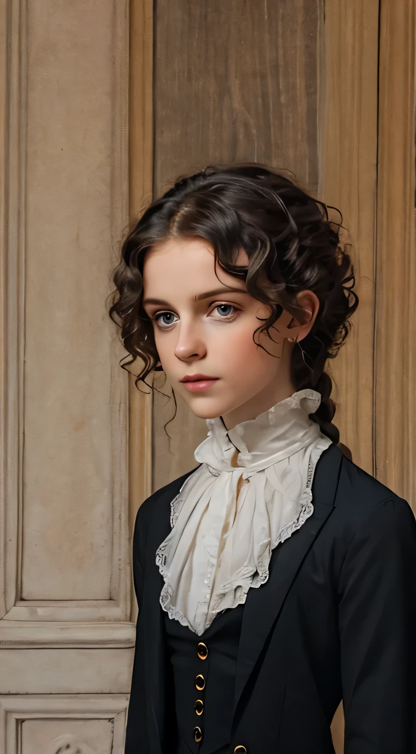 Dark long curly hair ，Spiral sideburns，Eye，Black suit，19th century European style，Imperial period